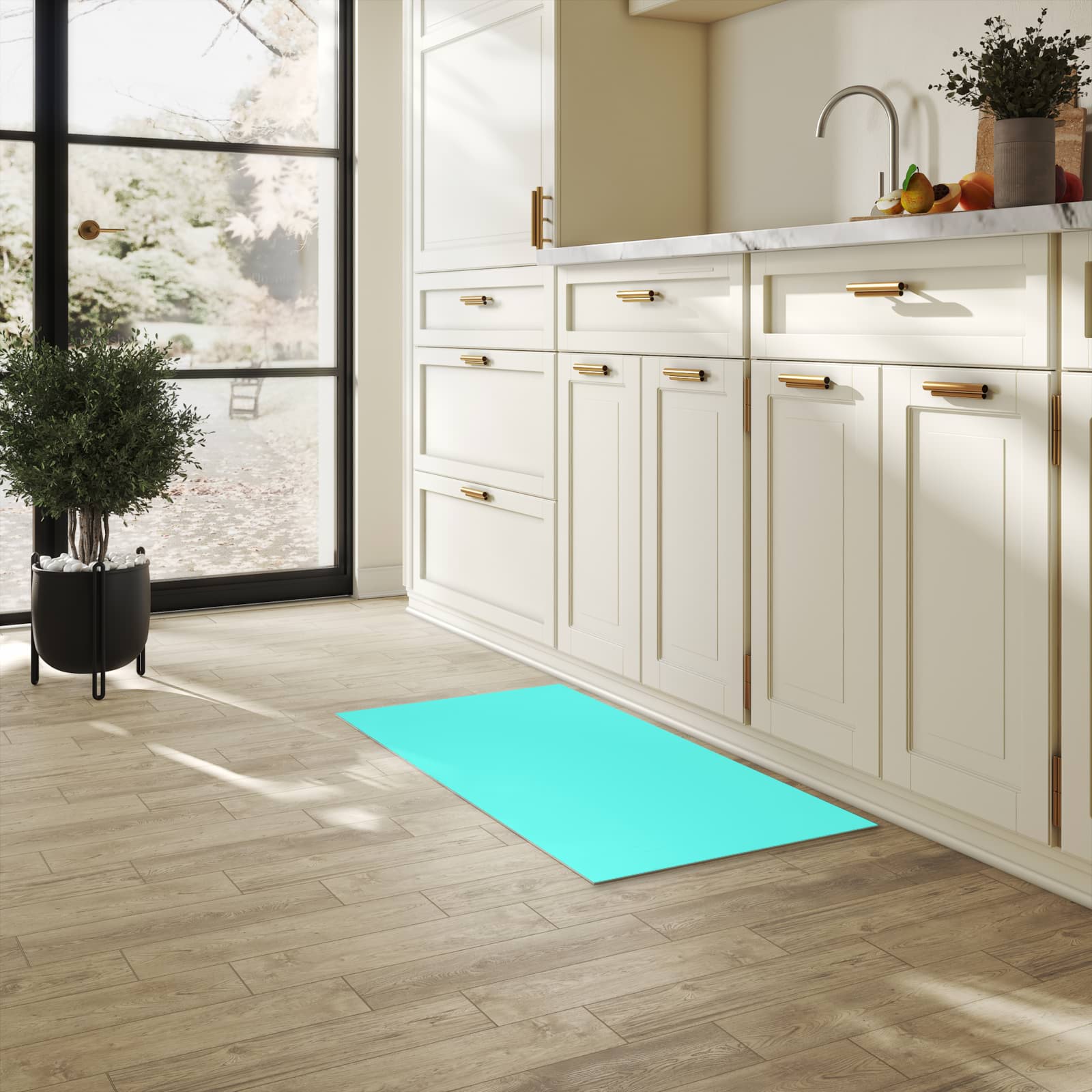 Farbbeständiger Küchenteppich mit Motiv Mintblauer Hintergrund in heller Küche