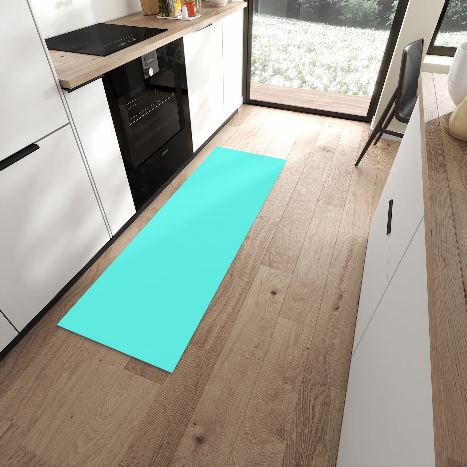 Zeitsparender rutschfester Küchenläufer mit Motiv Mintblauer Hintergrund in moderner Küche