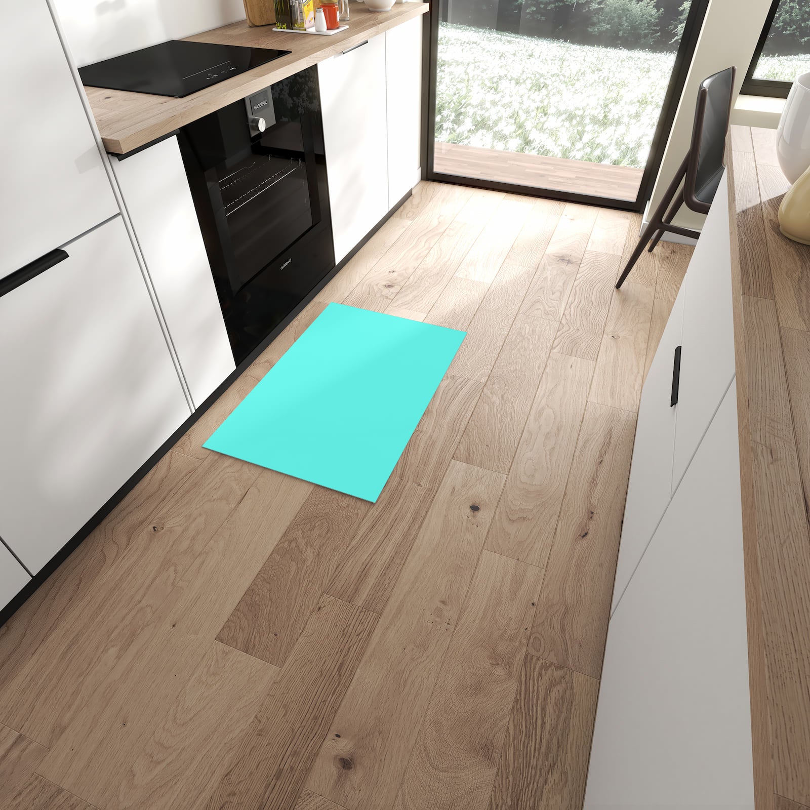 Komfortabler Küchenläufer nach Maß mit Motiv Mintblauer Hintergrund in moderner Küche