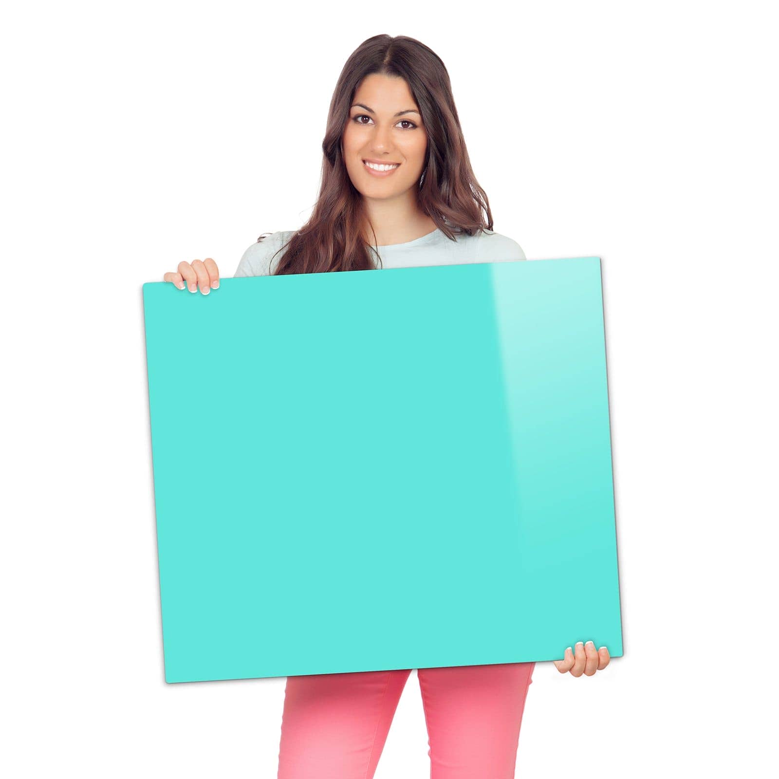 Ceranfeldabdeckung mit Mintblauer Hintergrund-Motiv wird zur Größendarstellung gehalten