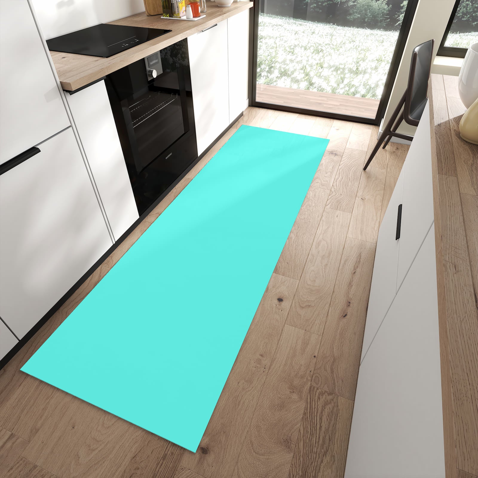 Fleckenresistenter moderner Küchenläufer mit Motiv Mintblauer Hintergrund in moderner Küche