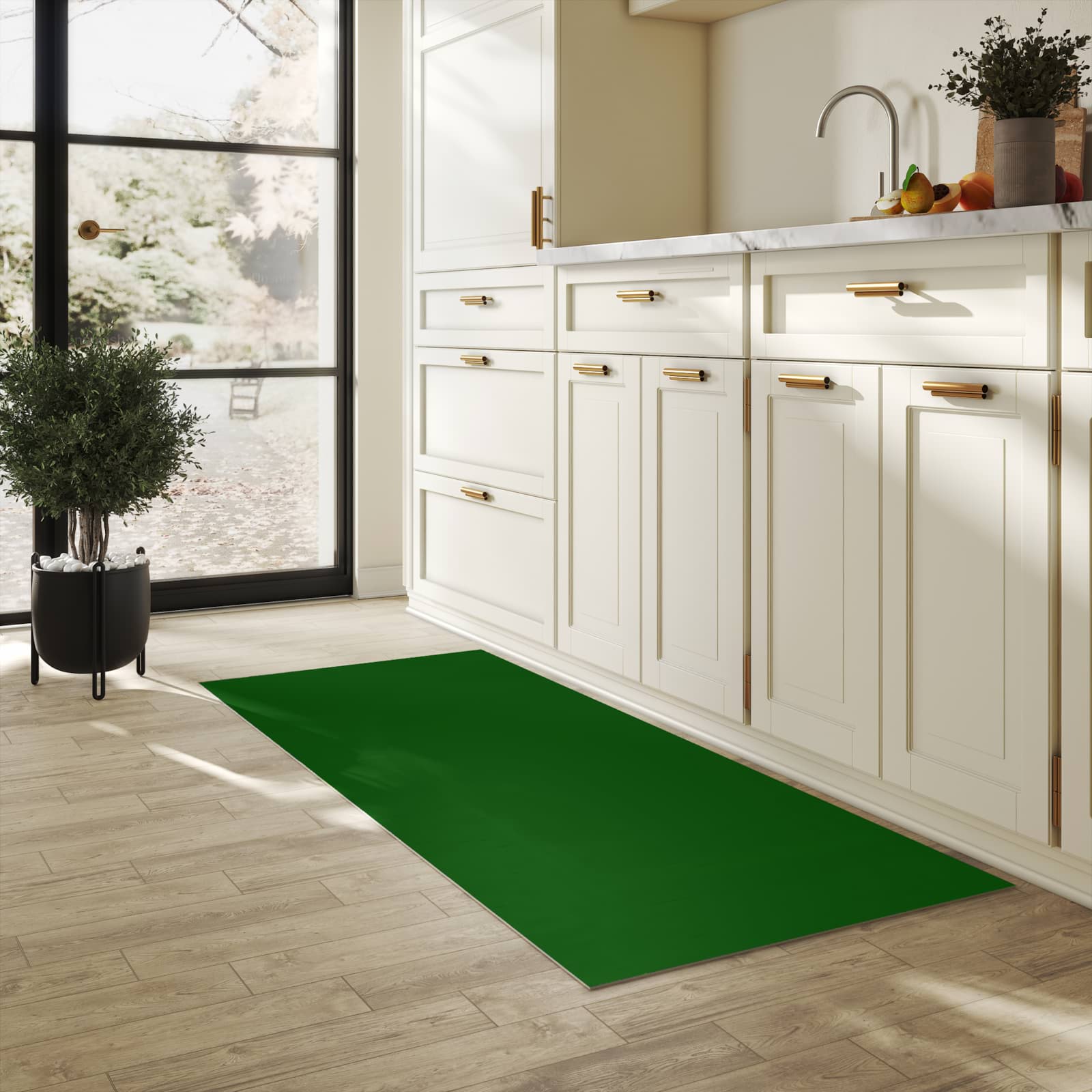 Langlebiger Teppich für Esstisch mit Motiv Dunkelgrüner Hintergrund I in heller Küche, waschbar