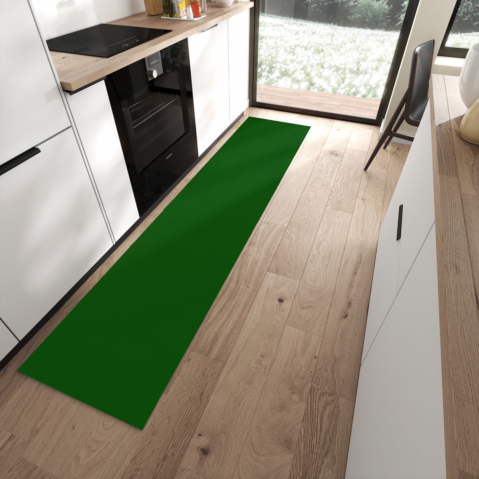 Strapazierfähiger Küchenteppich mit Motiv Dunkelgrüner Hintergrund I in moderner Küche