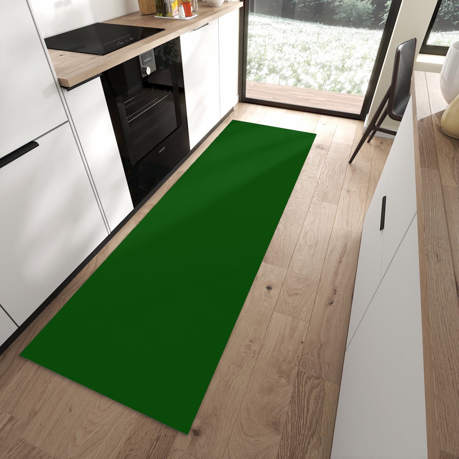 Feuchtigkeitsresistenter Küchenteppich mit Motiv Dunkelgrüner Hintergrund I in moderner Küche