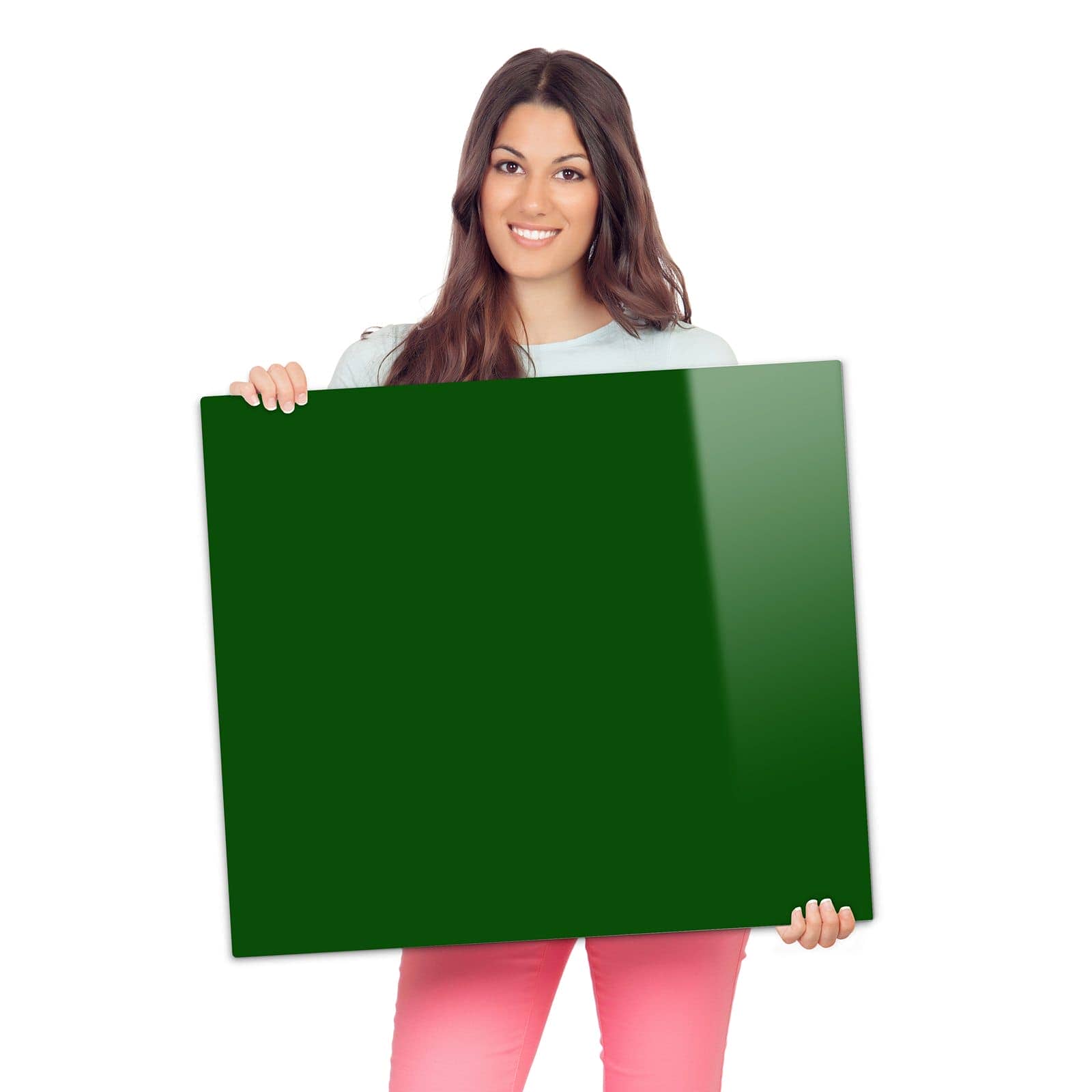 Herdabdeckung aus Holz mit Dunkelgrüner Hintergrund I-Motiv wird zur Größendarstellung gehalten