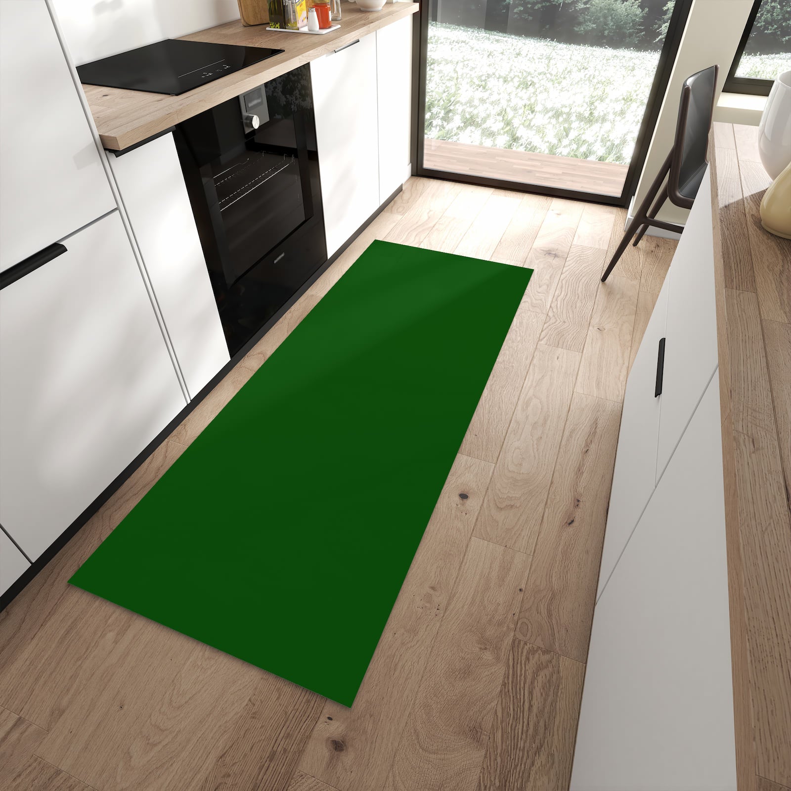 Rutschfester großer Küchenteppich mit Motiv Dunkelgrüner Hintergrund I in moderner Küche