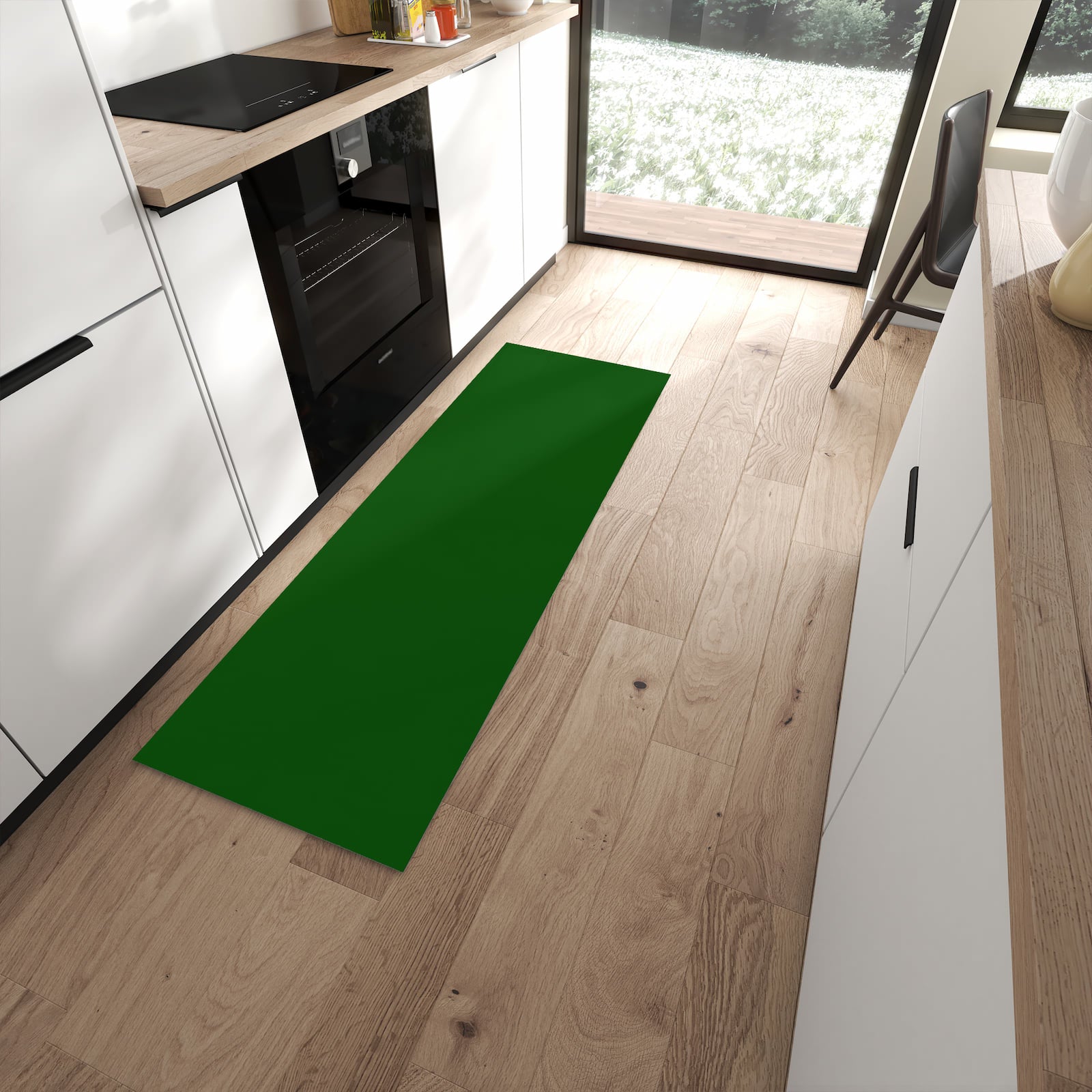 Komfortabler Küchenteppich mit Motiv Dunkelgrüner Hintergrund I in moderner Küche