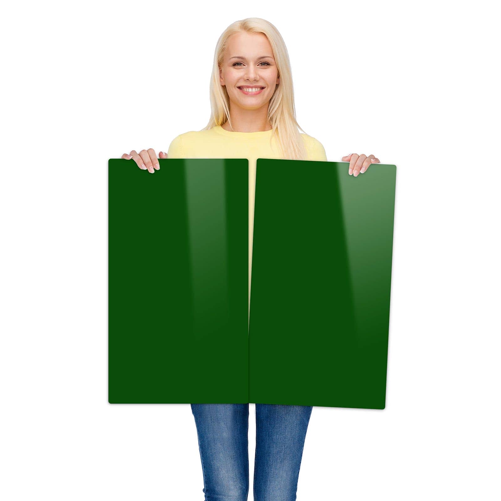 2-teilige Herdabdeckplatte aus Glas mit Dunkelgrüner Hintergrund I-Motiv wird zur Größendarstellung gehalten