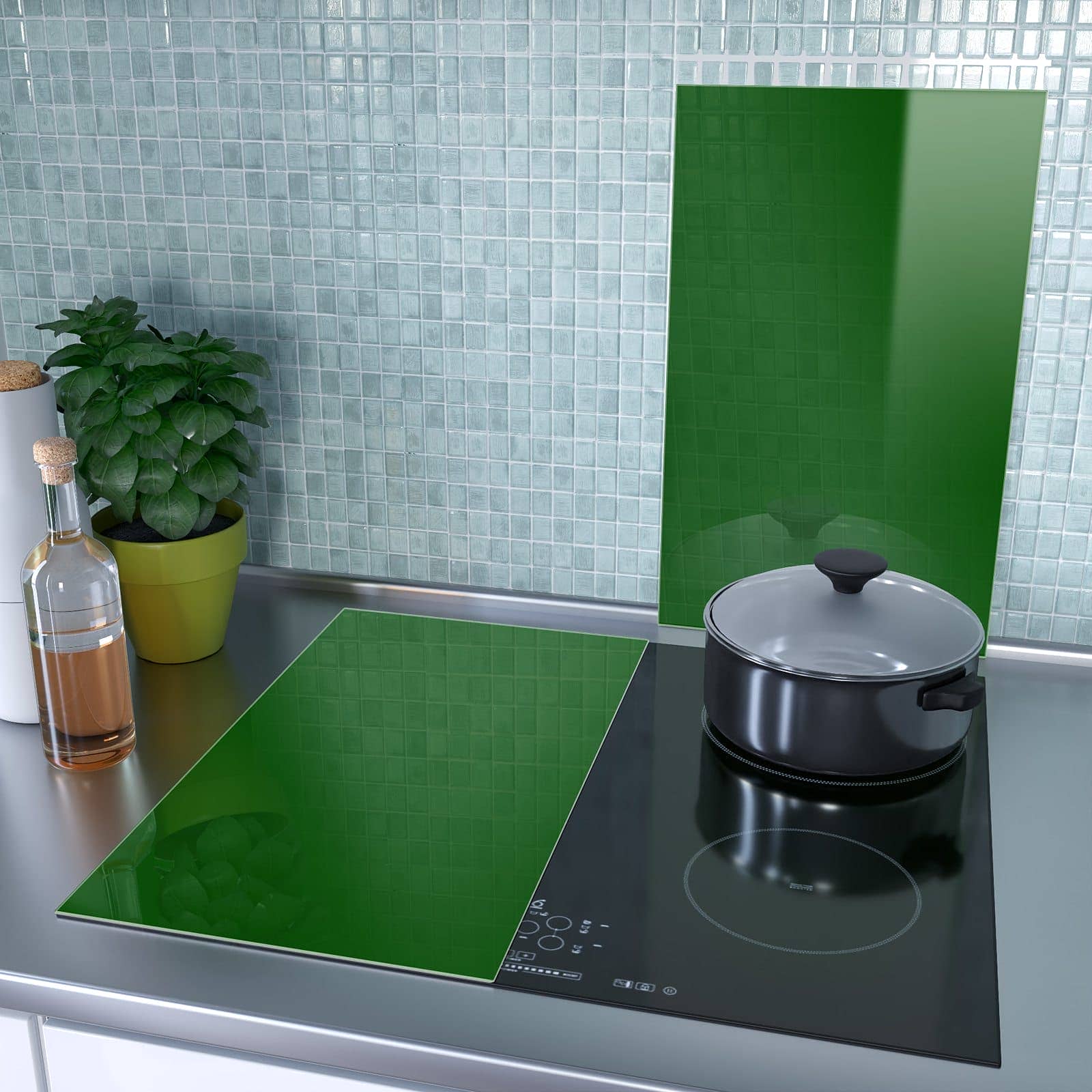 2-teilige Ceranfeldabdeckungen mit Dunkelgrüner Hintergrund I-Motiv als Spritzschutz hinter dem Kochfeld