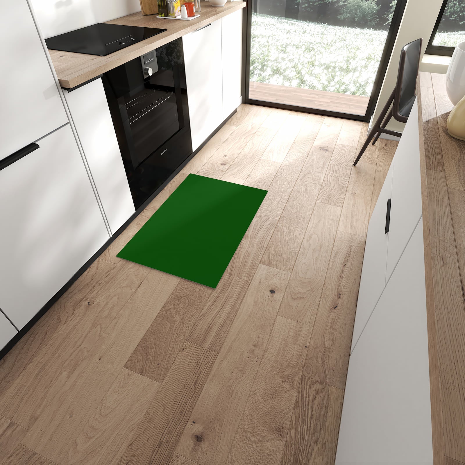 Langlebiger waschbarer Küchenteppich mit Motiv Dunkelgrüner Hintergrund I in moderner Küche