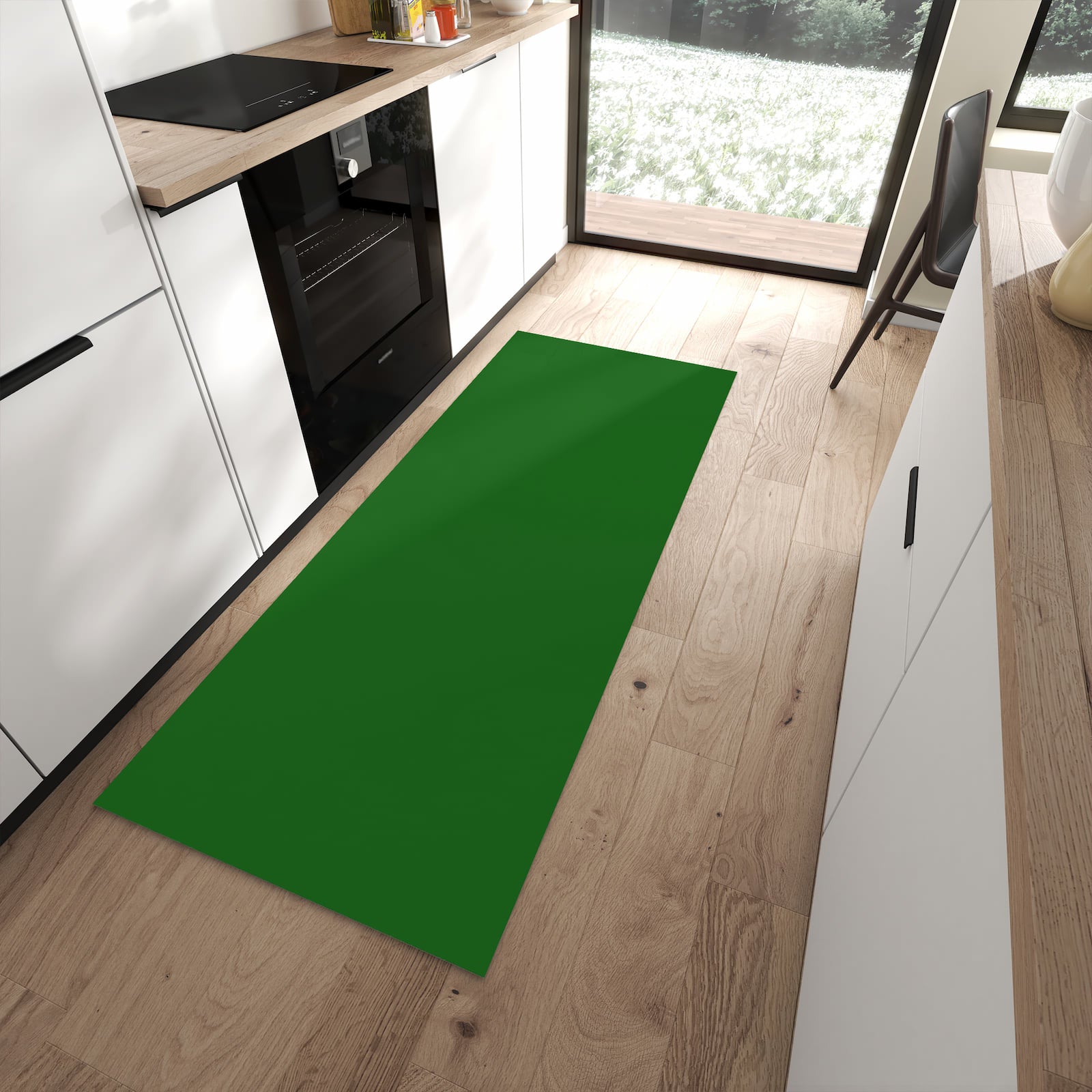Fleckenresistenter Läufer für die Küche mit Dunkelgrüner Hintergrund II-Motiv in moderner Küche