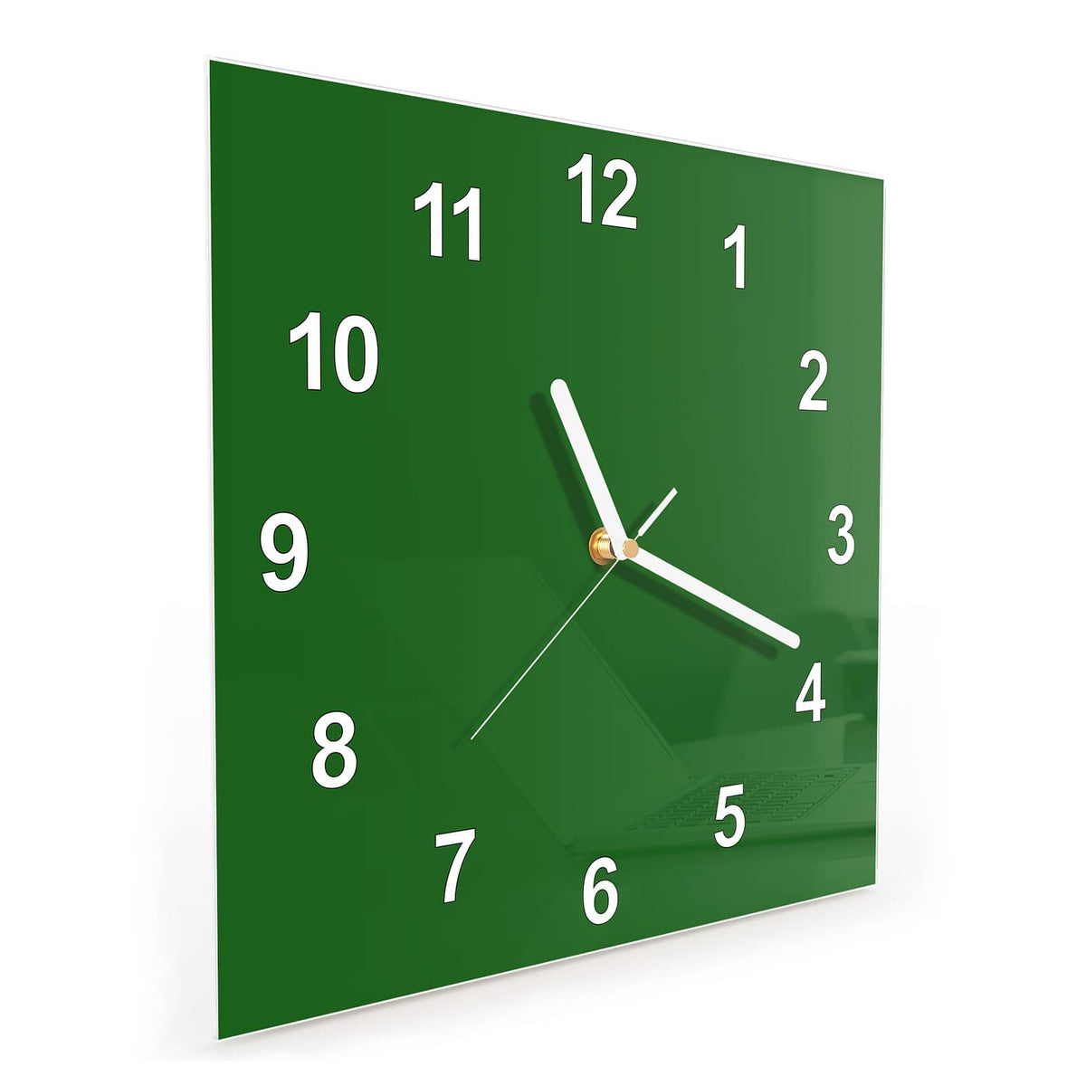 Quadratische Wanduhr aus Glas Waldgrün schräg von der Seite, 4 mm starkes Glas