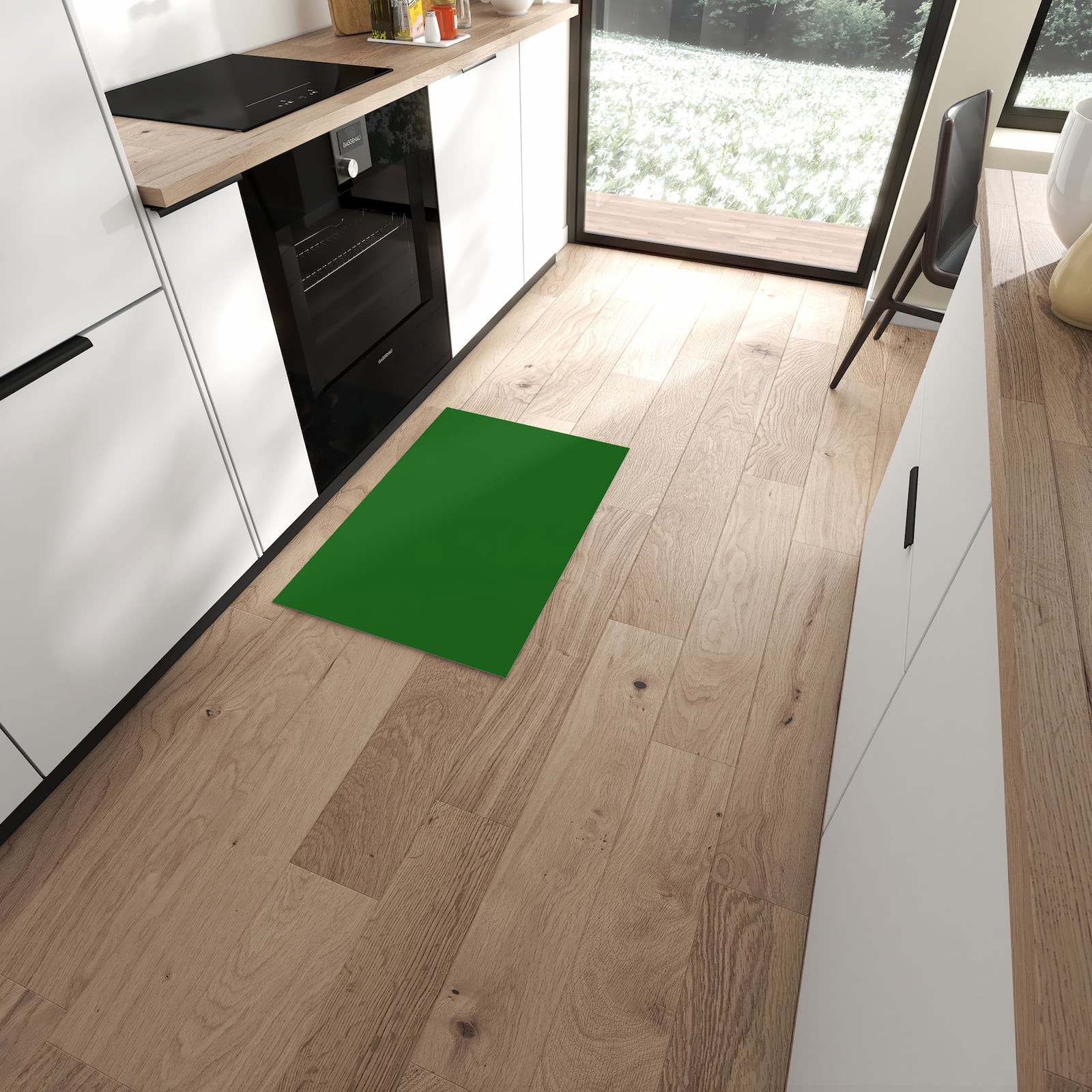 Küchenläufer mit Dunkelgrüner Hintergrund II-Motiv in moderner Küche, UV-beständig