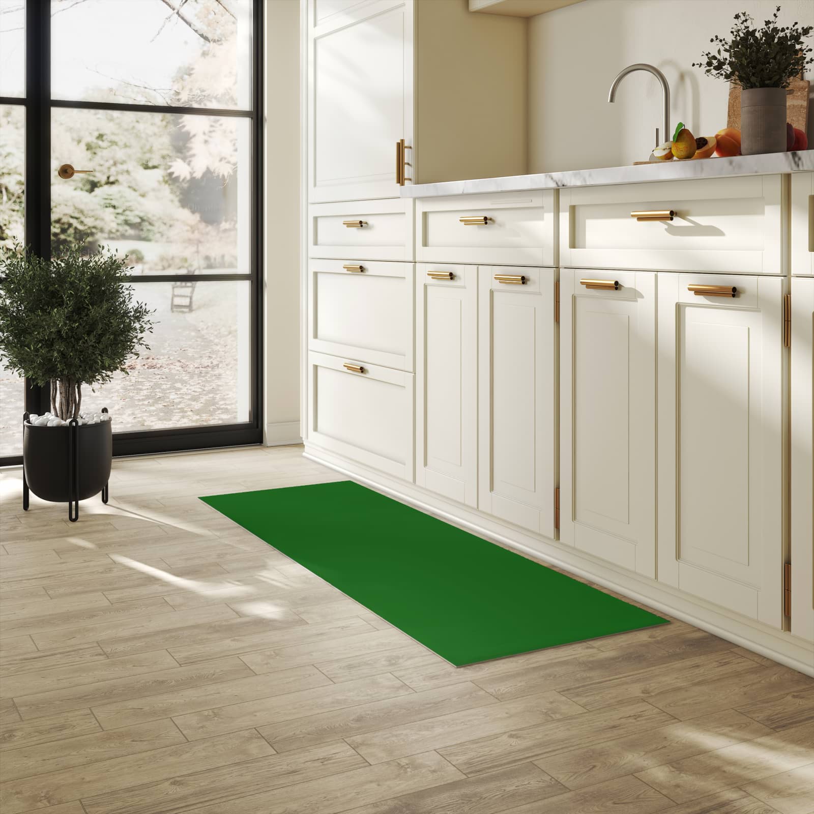 Farbbeständiger Küchenteppich mit Dunkelgrüner Hintergrund II-Motiv in der Küche