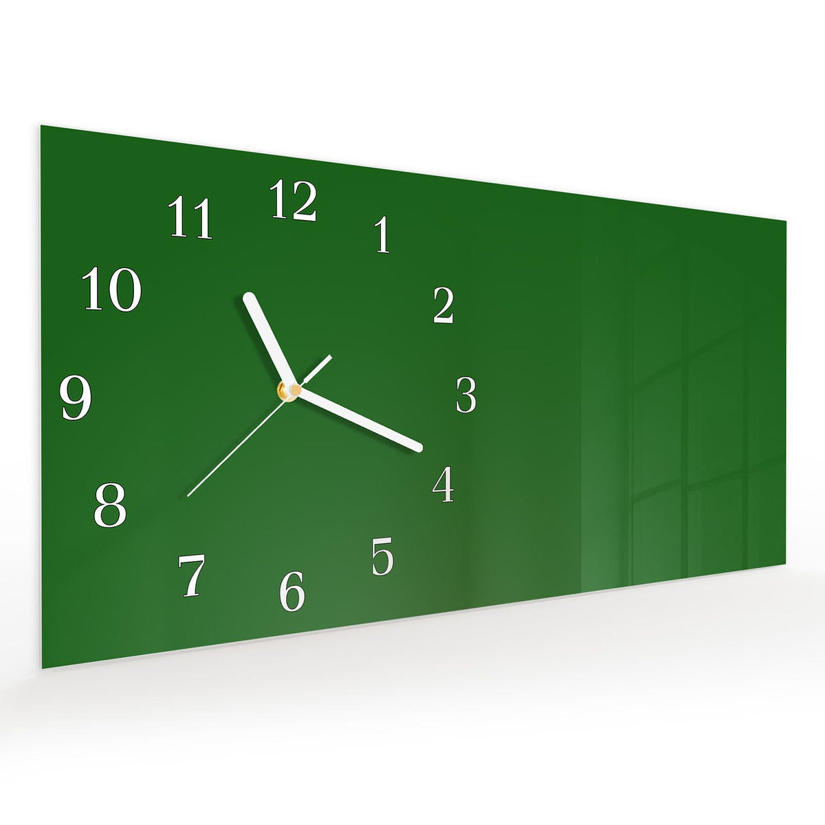 Vormontiert – mit Schwebeeffekt – Wanduhr Dunkelgrüner Hintergrund II aus Glas – Querformat 60 × 30 cm