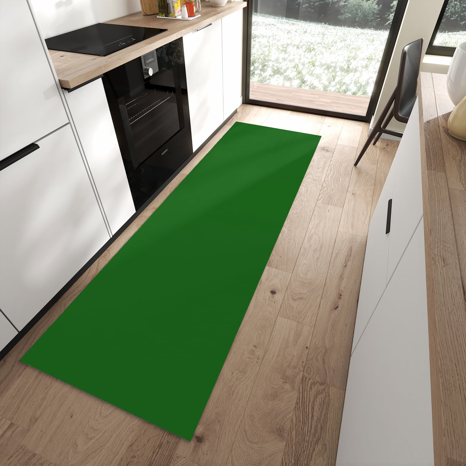 Geruchsneutraler Küchenläufer mit Dunkelgrüner Hintergrund II-Motiv in moderner Küche