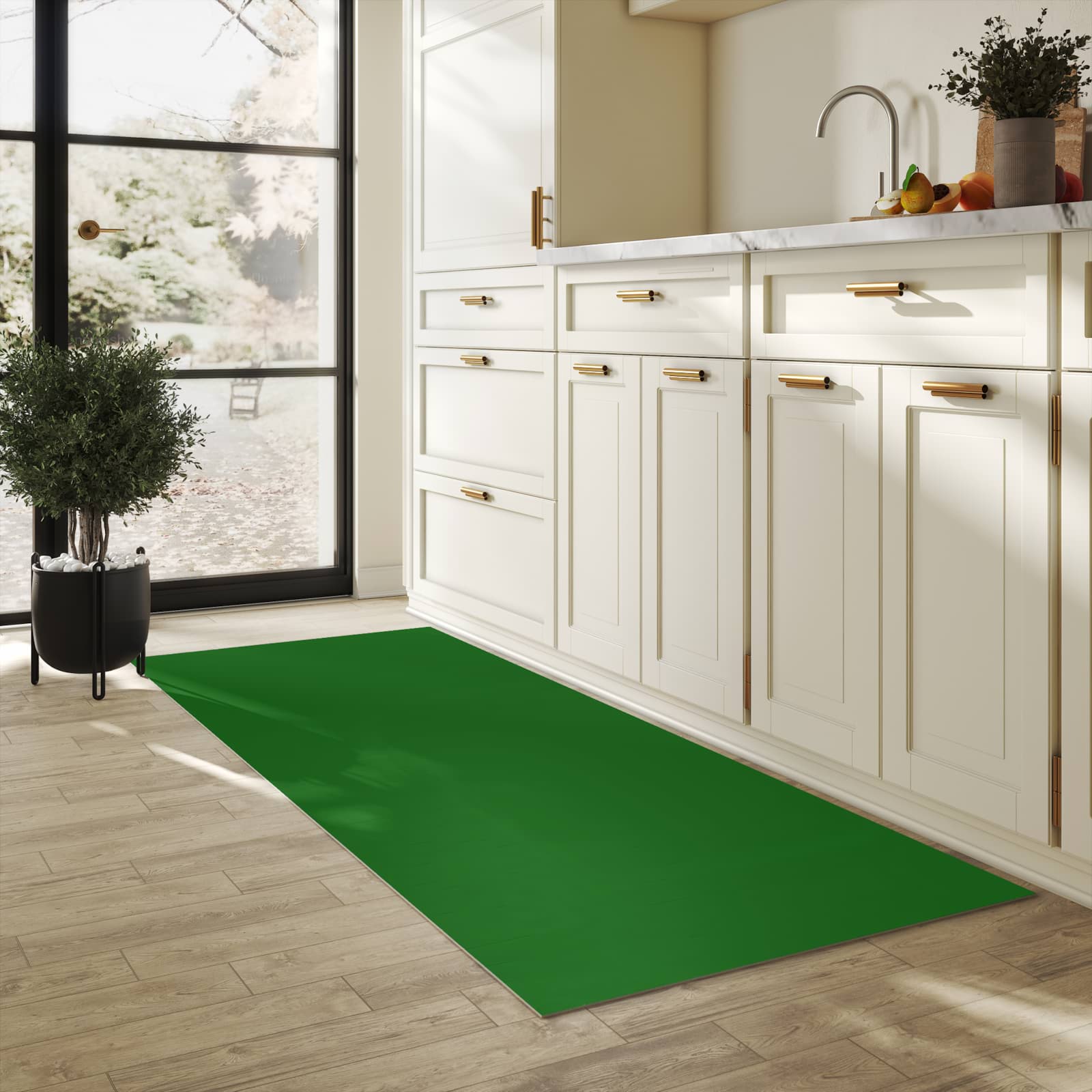 Pflegeleichter waschbarer Küchenläufer mit Motiv Dunkelgrüner Hintergrund II in heller Küche