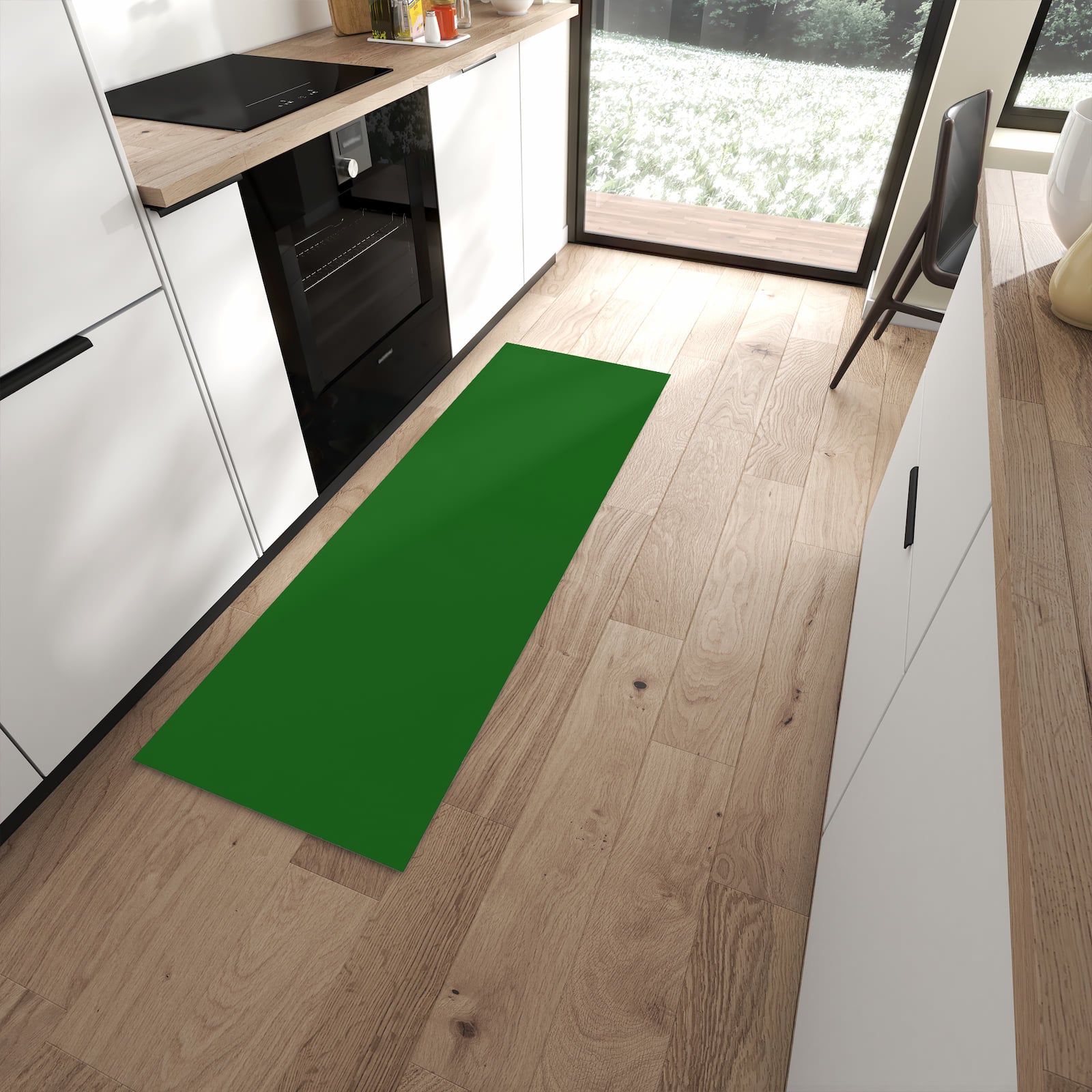 Küchenläufer mit Dunkelgrüner Hintergrund II-Motiv in moderner Küche, angenehme Haptik