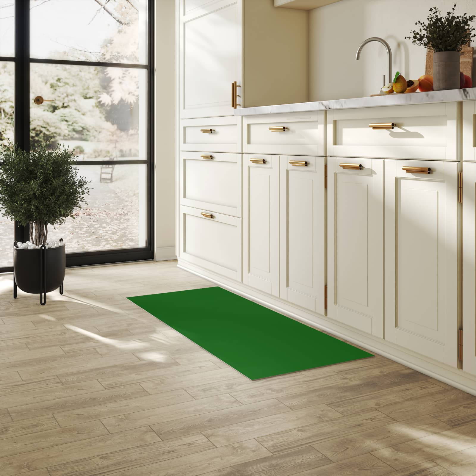 Waschbarer Teppich mit Dunkelgrüner Hintergrund II-Motiv in der Küche