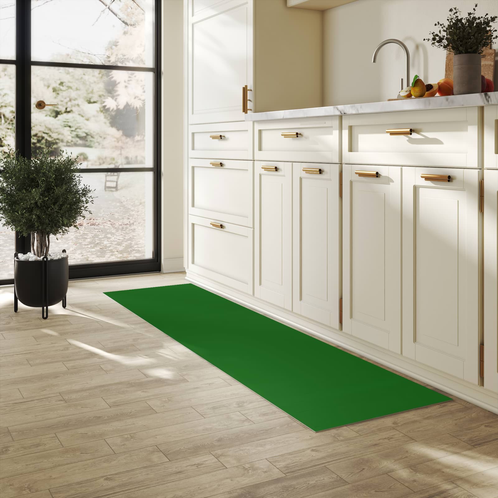 Abriebfester Läufer für die Küche mit Motiv Dunkelgrüner Hintergrund II in heller Küche
