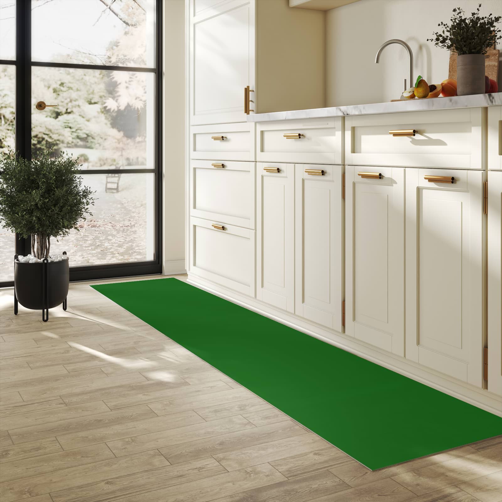 Küchenteppich mit Motiv Dunkelgrüner Hintergrund II für Trittkomfort in heller Küche