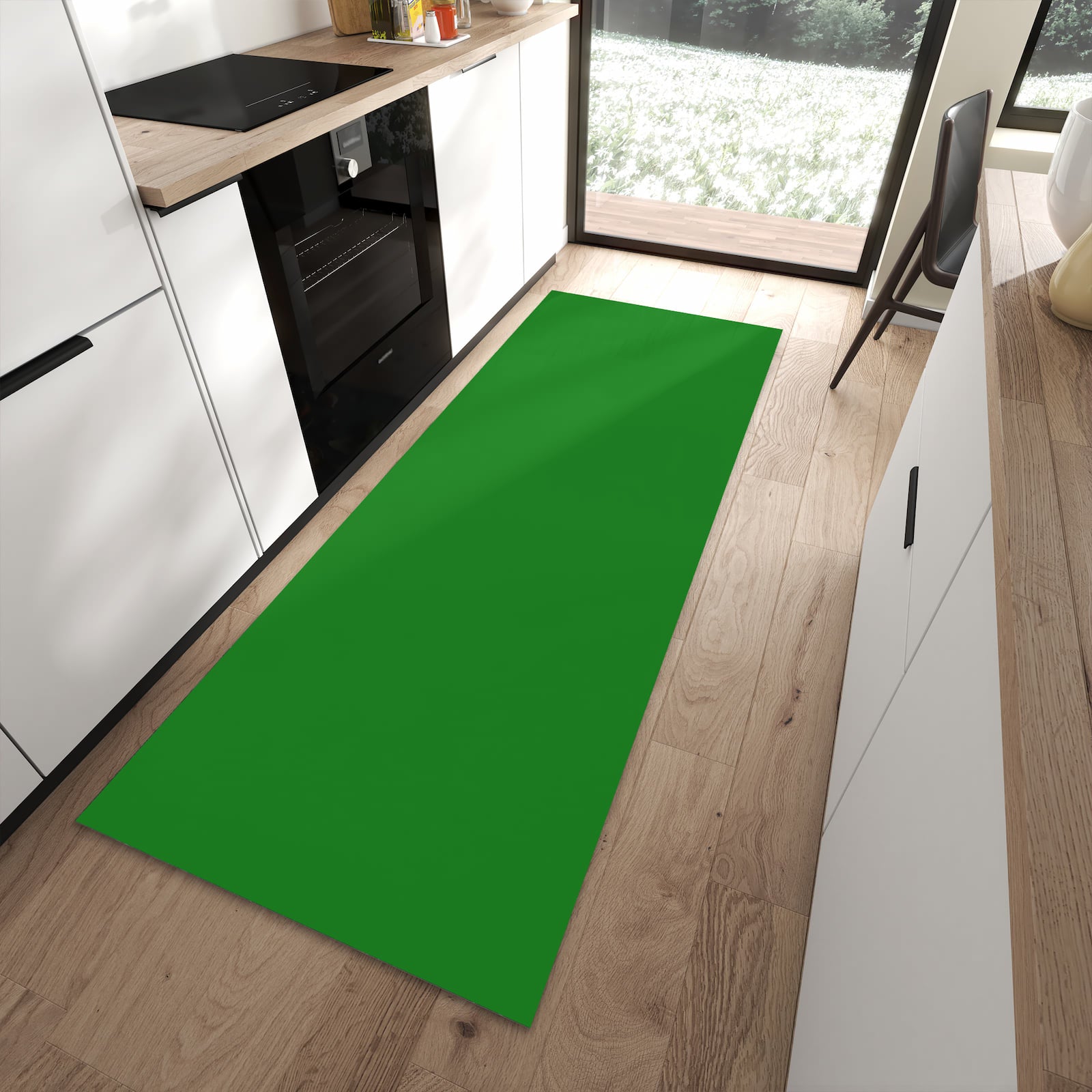 Strapazierfähiger waschbarer Küchenläufer mit Grüner Hintergrund I-Motiv in moderner Küche