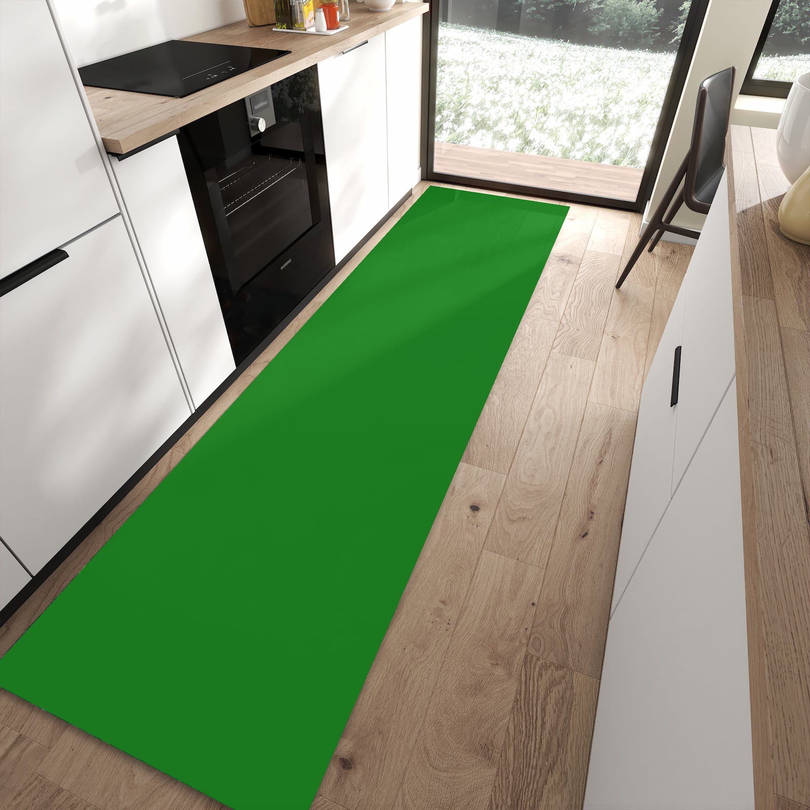 Pflegeleichter Teppichläufer mit Grüner Hintergrund-Motiv in moderner Küche