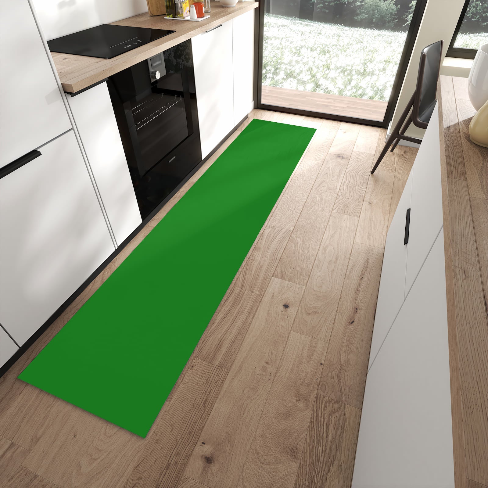 Wasserabweisender Küchenläufer mit Grüner Hintergrund I-Motiv in moderner Küche