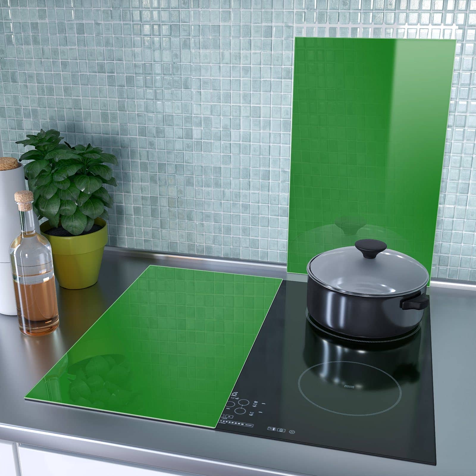 2-teilige Herd Schutzplatte mit Grüner Hintergrund I-Motiv als Spritzschutz hinter dem Kochfeld