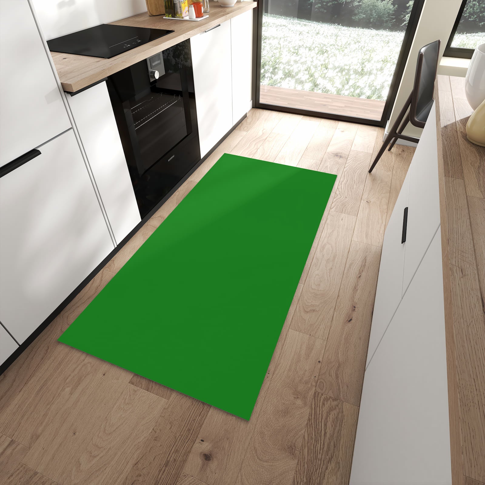 Rutschfester waschbarer Läufer mit Grüner Hintergrund-Motiv in moderner Küche