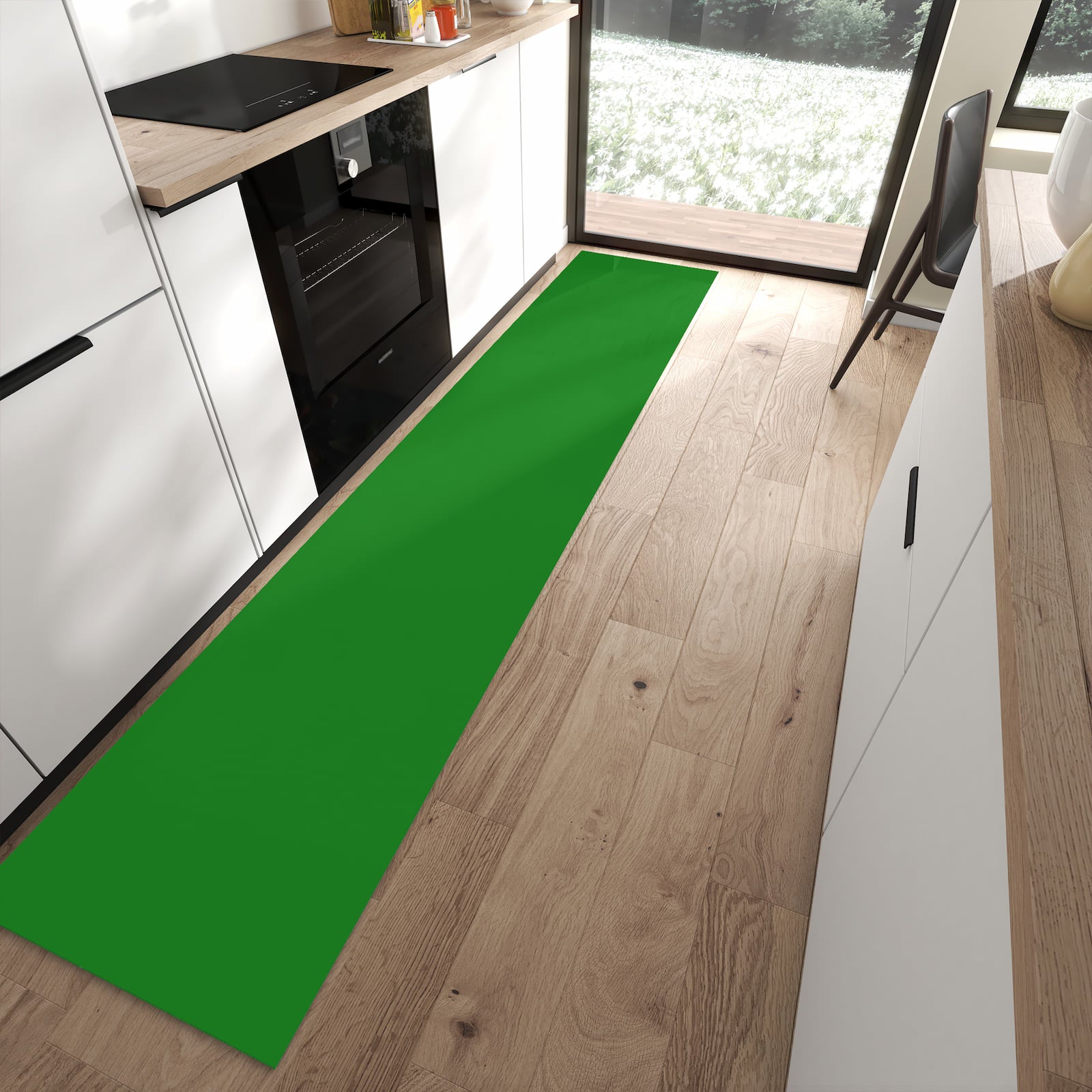 Küchenläufer mit Grüner Hintergrund-Motiv in moderner Küche, bietet Trittkomfort