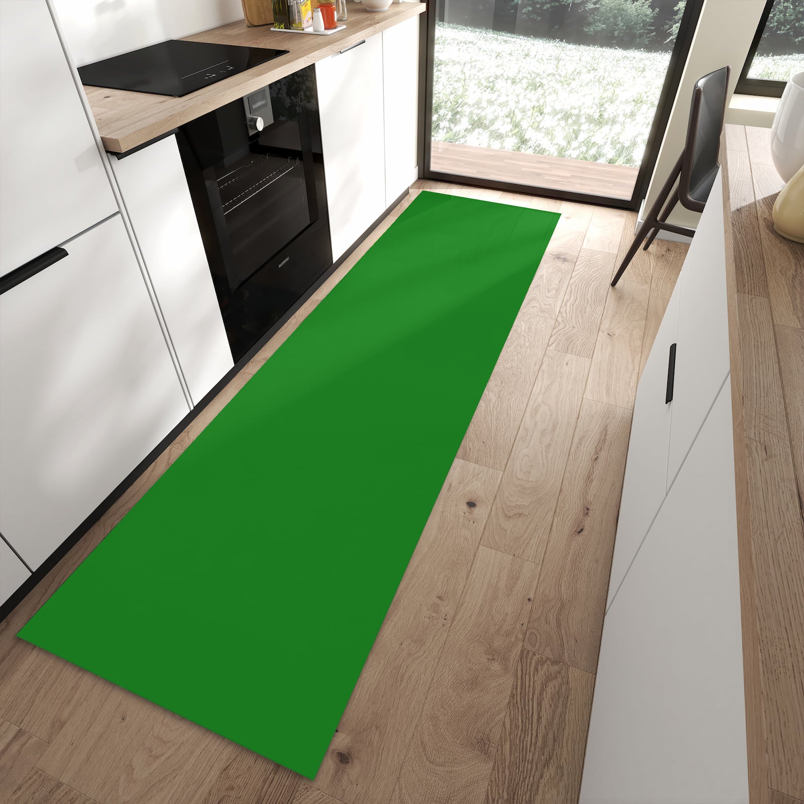 Geräuschdämpfender Küchenläufer mit Grüner Hintergrund I-Motiv in moderner Küche