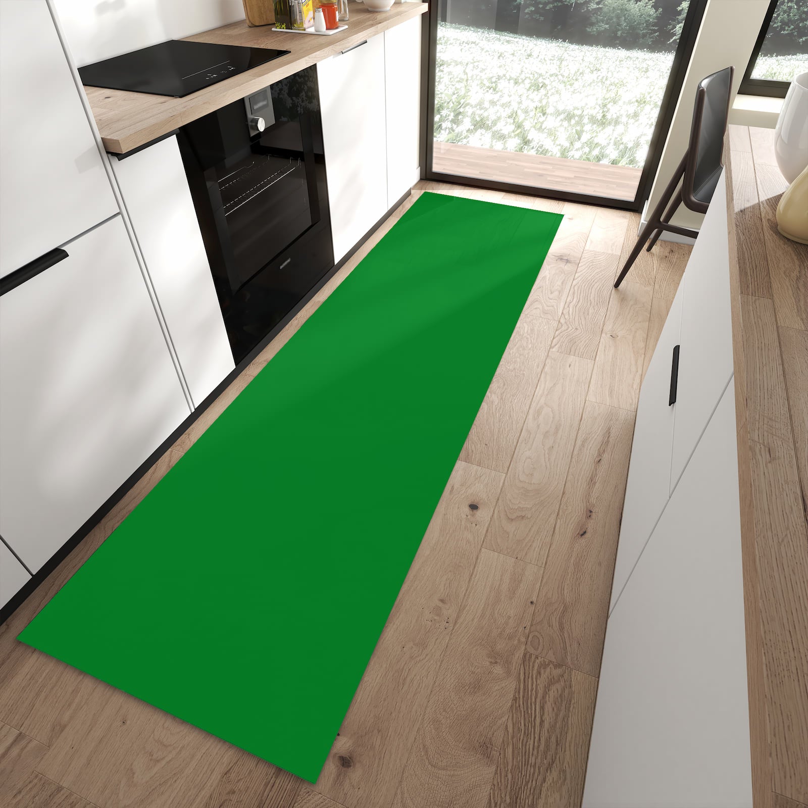 Küchenläufer mit Grüner Hintergrund II-Motiv in moderner Küche für mehr Komfort beim Stehen