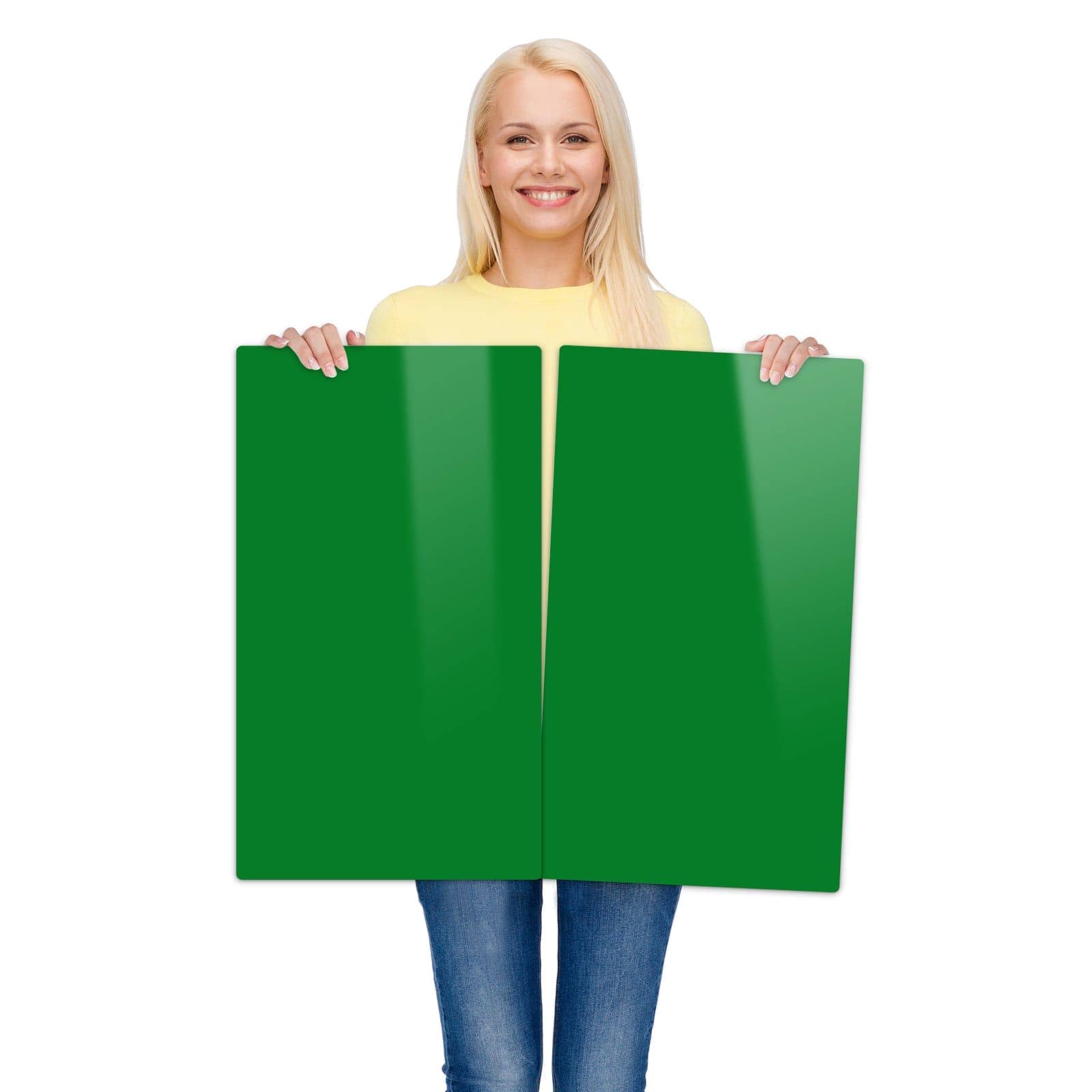 2-teilige Abdeckung für Herdplatte mit Grüner Hintergrund II-Motiv wird zur Größendarstellung gehalten