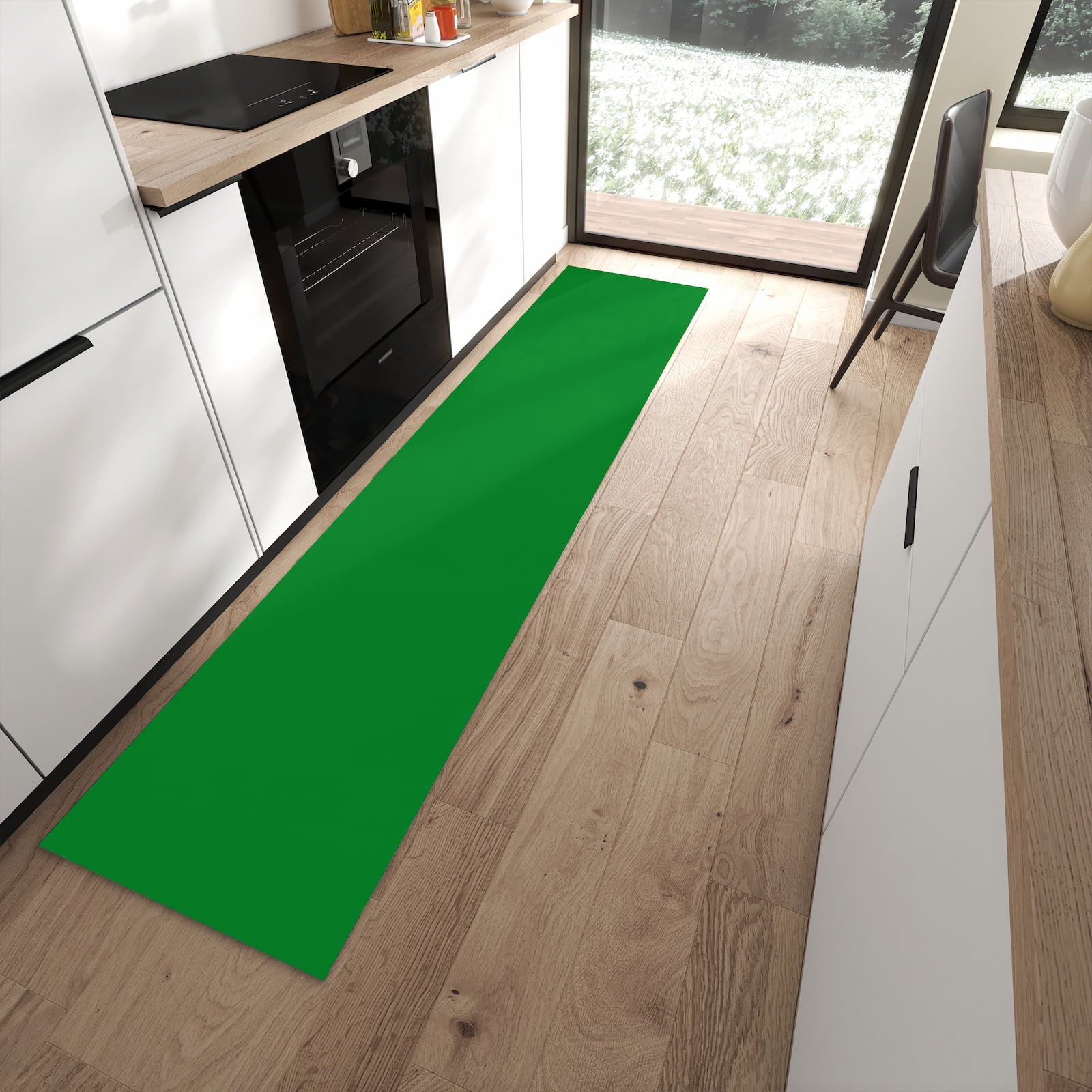 Pflegeleichter Küchenläufer mit Grüner Hintergrund II-Motiv in moderner Küche