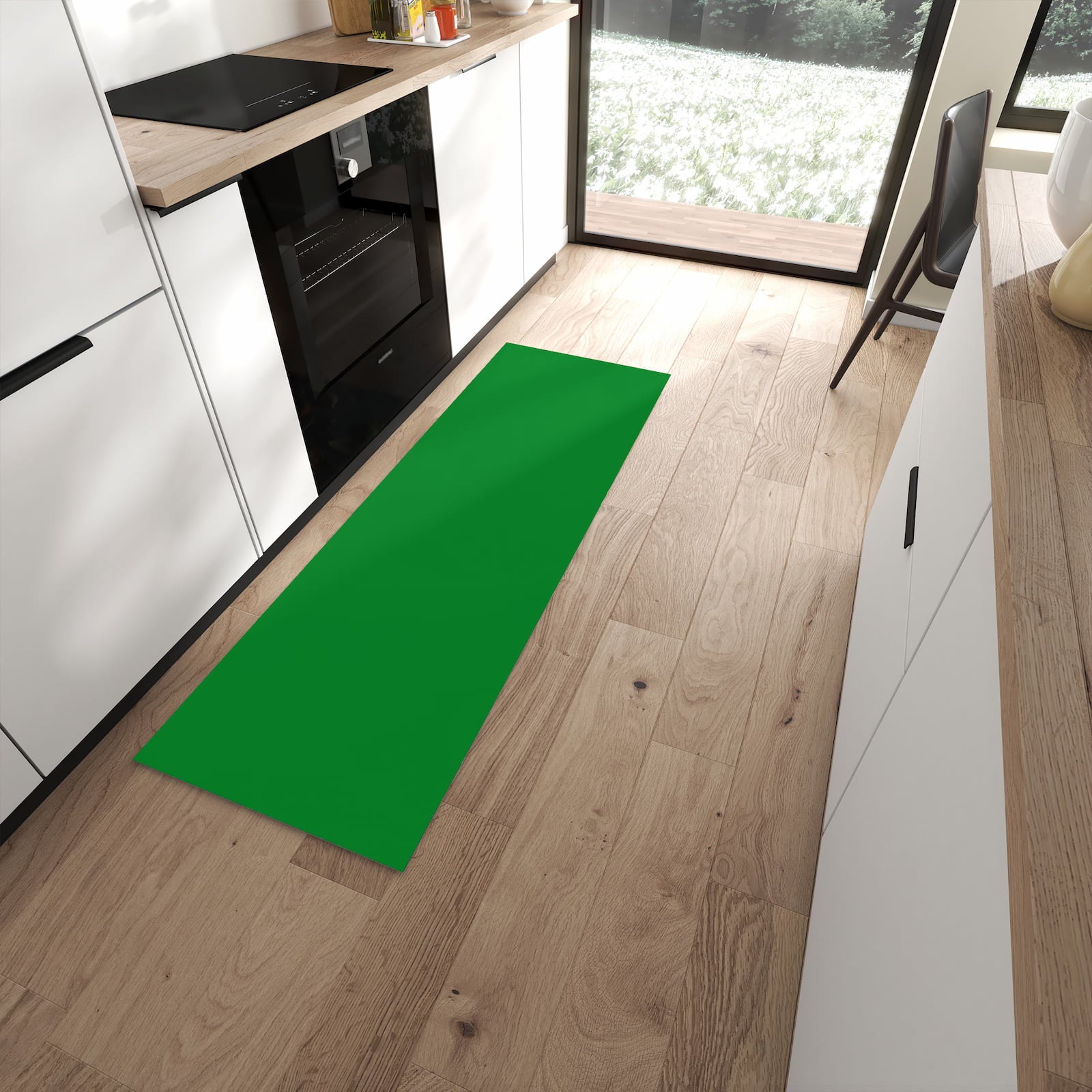 Küchenläufer mit Grüner Hintergrund II-Motiv in moderner Küche für Ordnung