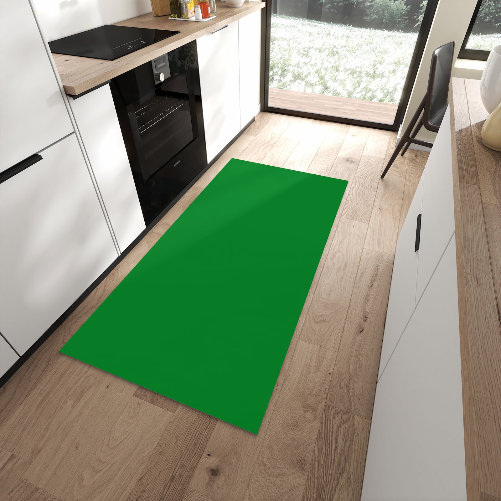 Dünner Küchenläufer mit Grüner Hintergrund II-Motiv in moderner Küche, feuchtigkeitsresistent