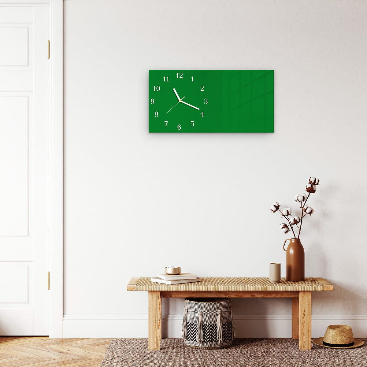 Moderne Wanduhr aus Glas mit Farbtiefe – Wanduhr Grüner Hintergrund II aus Glas – Querformat 60 × 30 cm
