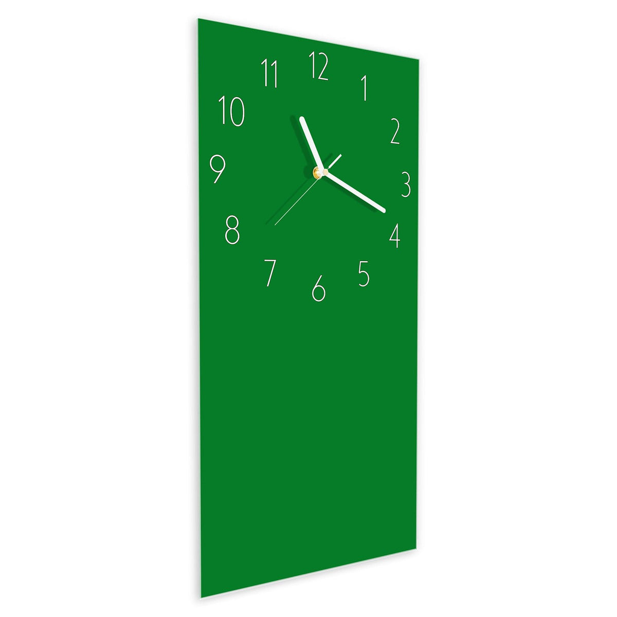Wanduhr aus Glas im Hochformat Smaragdgrün schräg von der Seite, 4 mm starkes Glas
