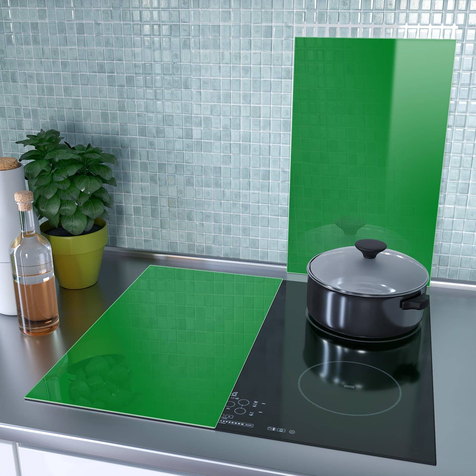 2-teilige Herdabdeckplatten aus Glas mit Grüner Hintergrund II-Motiv als Spritzschutz hinter dem Kochfeld