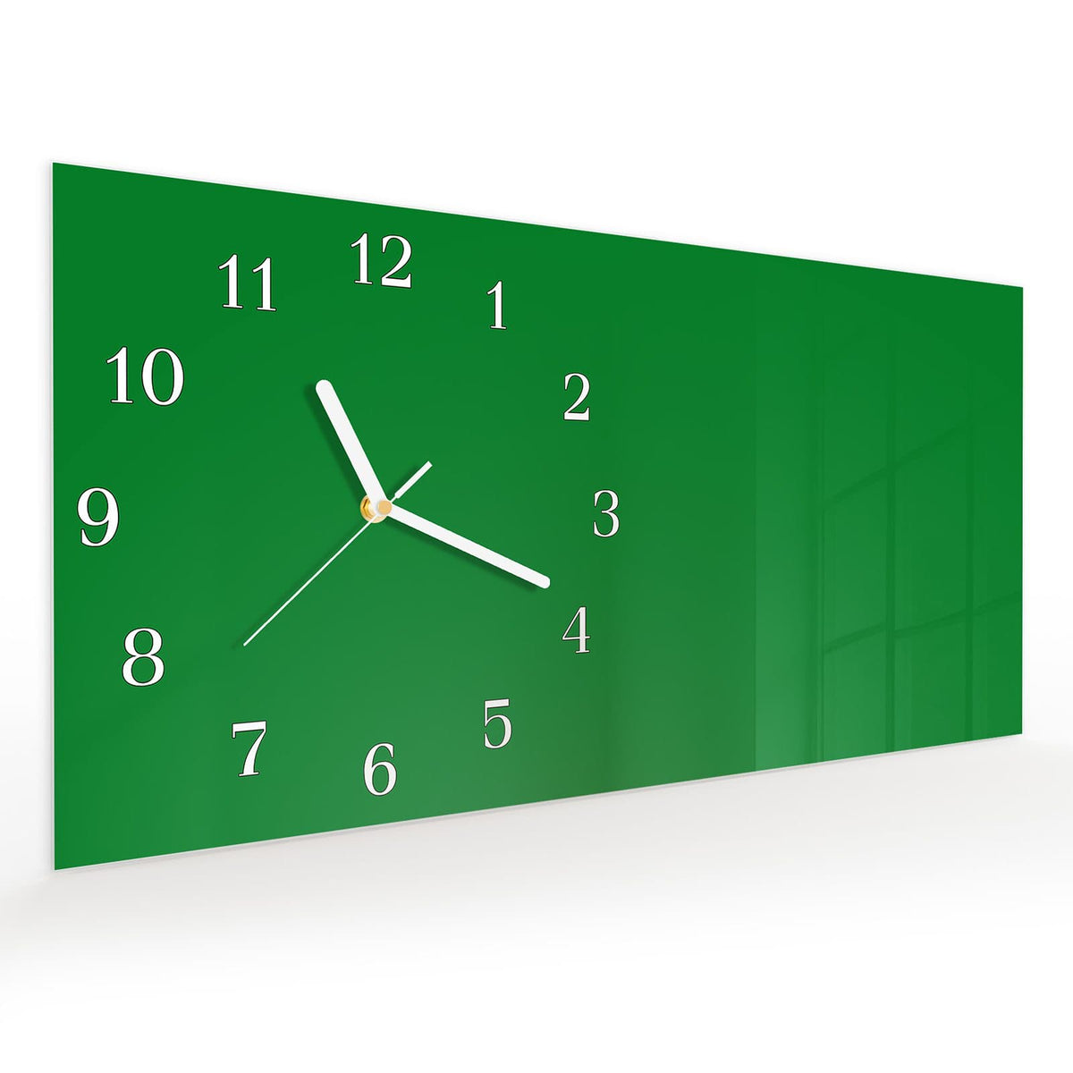 Vormontiert – mit Schwebeeffekt – Wanduhr Grüner Hintergrund II aus Glas – Querformat 60 × 30 cm