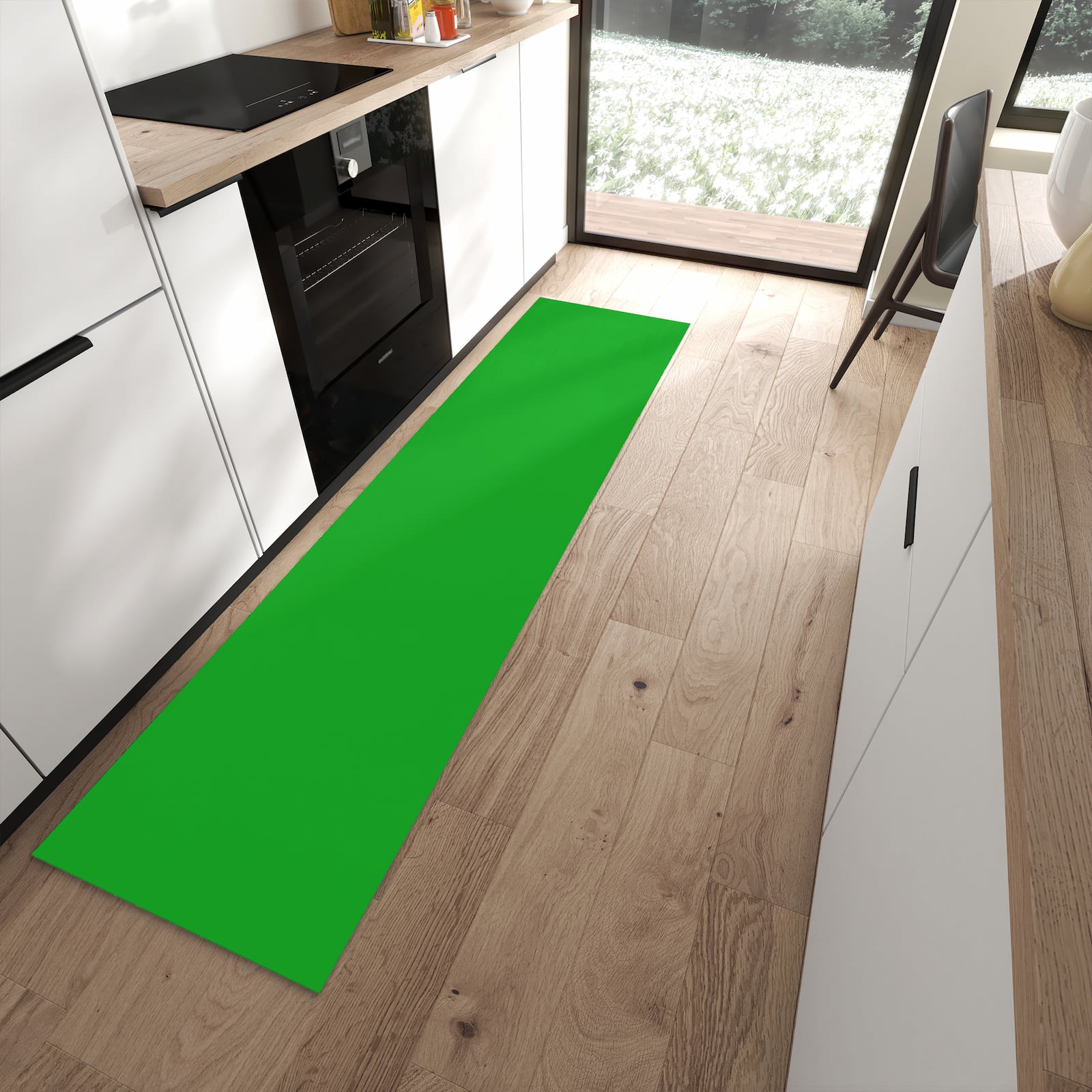 Langer Teppich für den Flur mit grasgrünem Hintergrund in moderner Küche, mehr Komfort