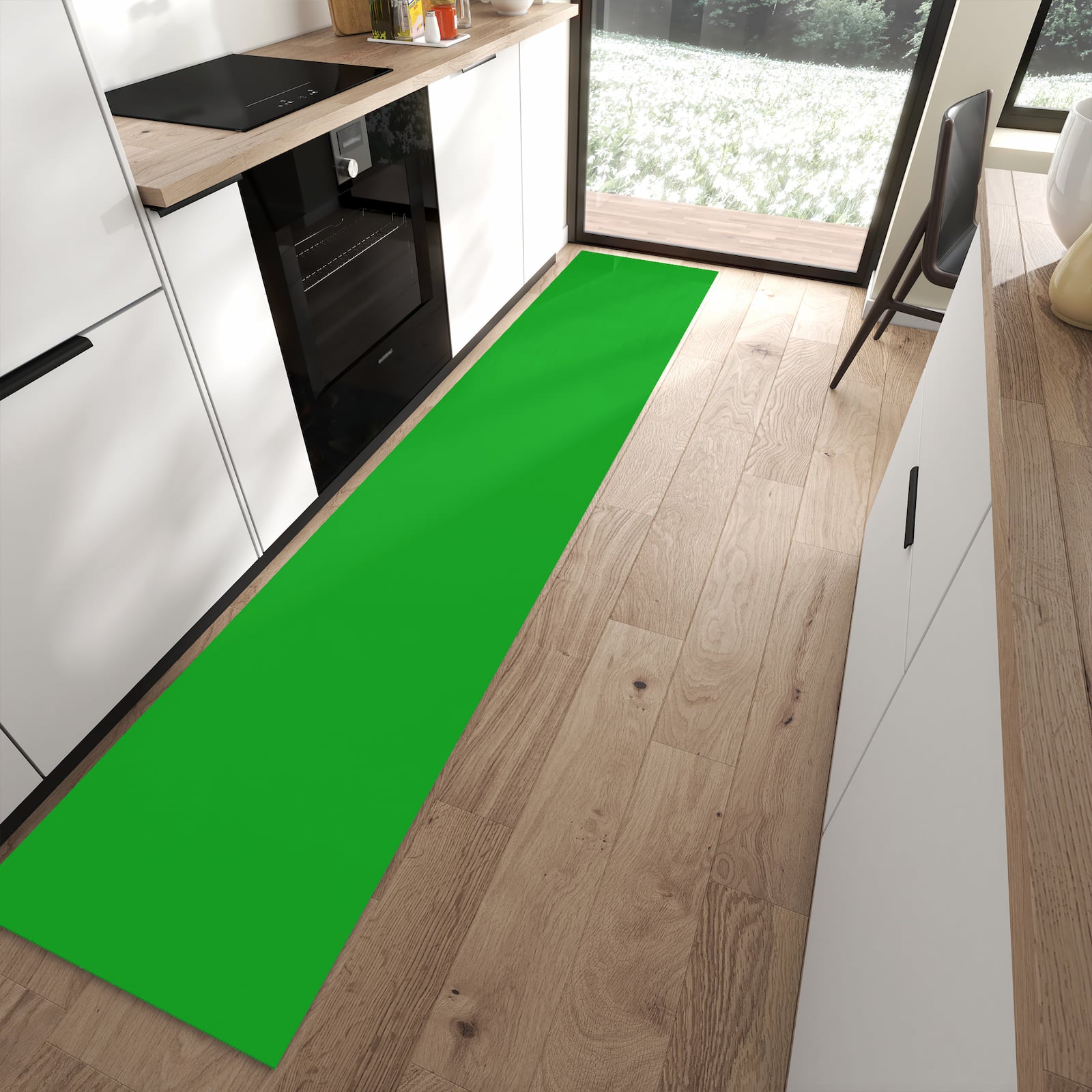 Feuchtigkeitsresistenter Läufer mit grasgrünem Hintergrund-Motiv in moderner Küche