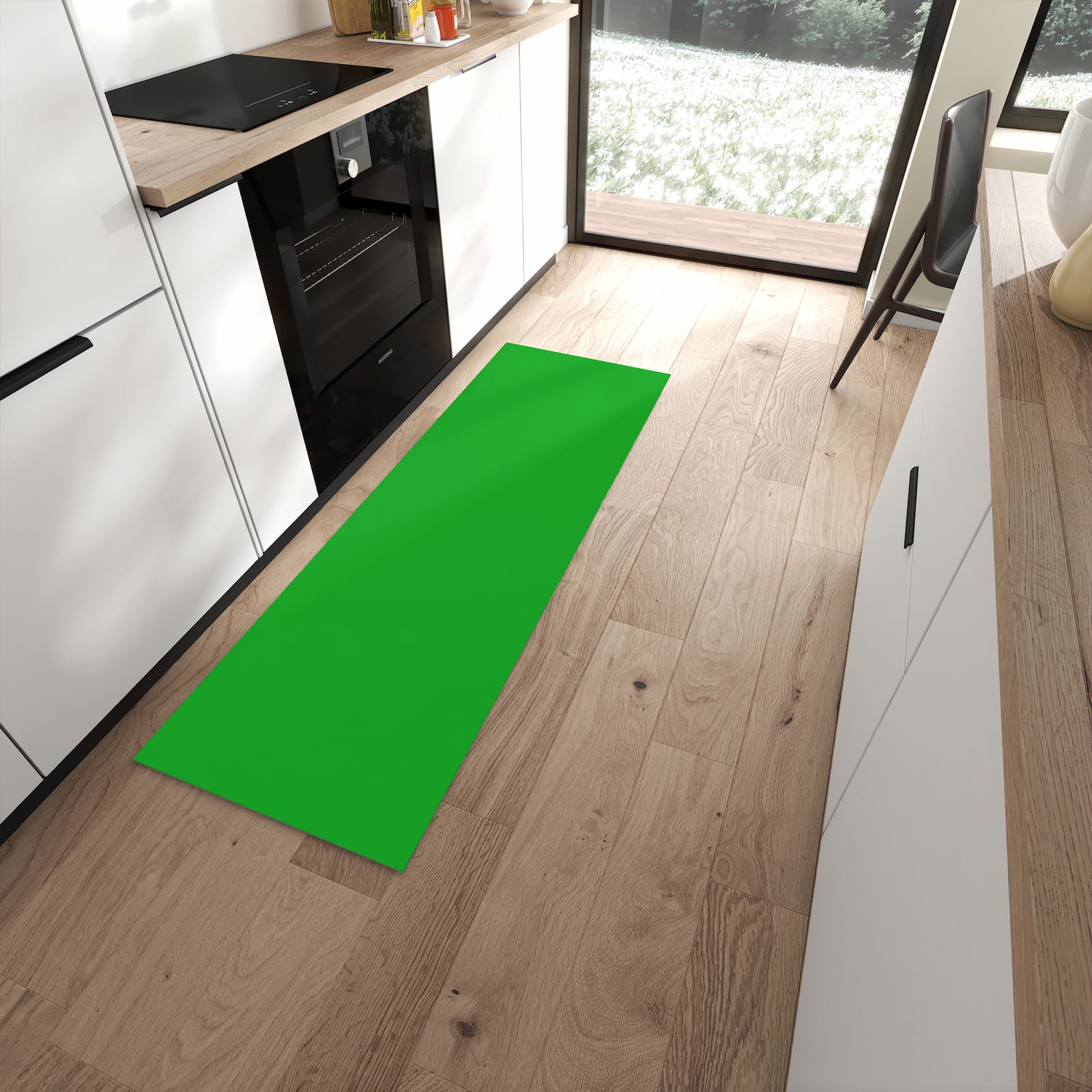 Langlebiger waschbarer Küchenläufer mit grasgrünem Hintergrund-Motiv in moderner Küche