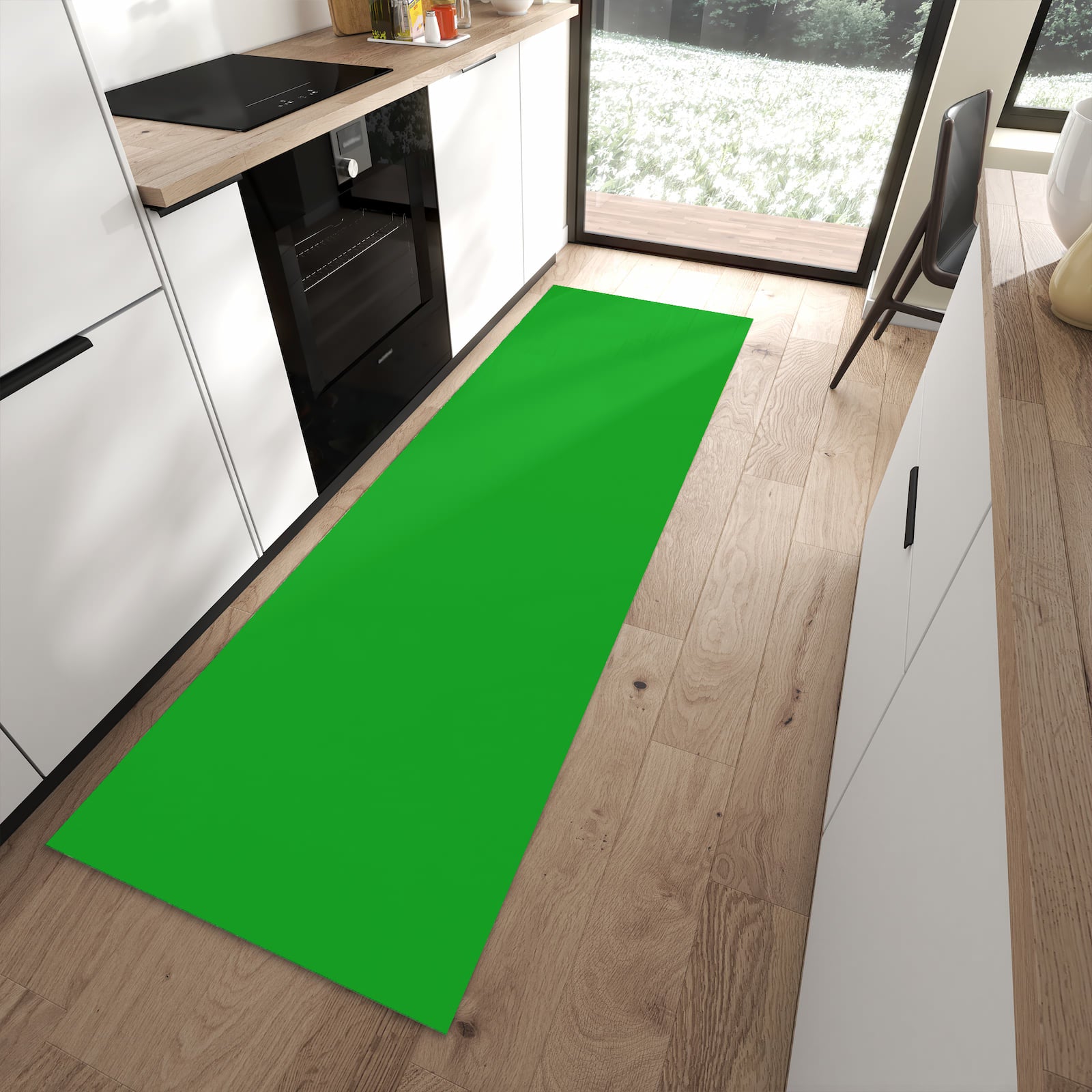Dünner Küchenläufer mit grasgrünem Hintergrund in moderner Küche, farbbeständig