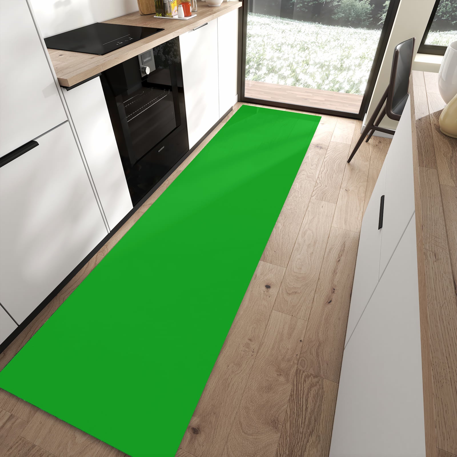 Flacher Küchenläufer mit grasgrünem Hintergrund-Motiv in moderner Küche, waschbar