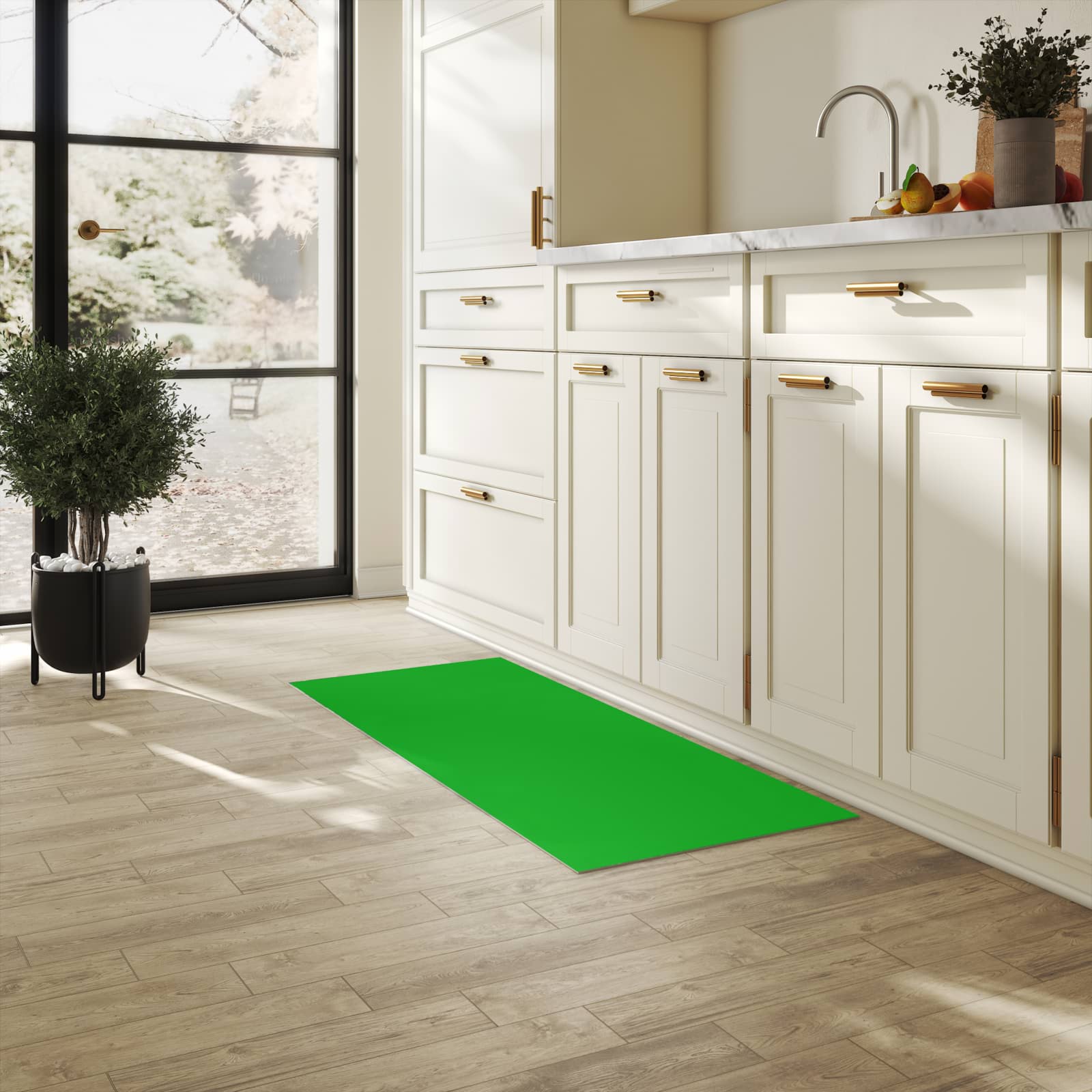 Waschbarer Küchenläufer mit grasgrünem Hintergrund-Motiv in der Küche, komfortabel