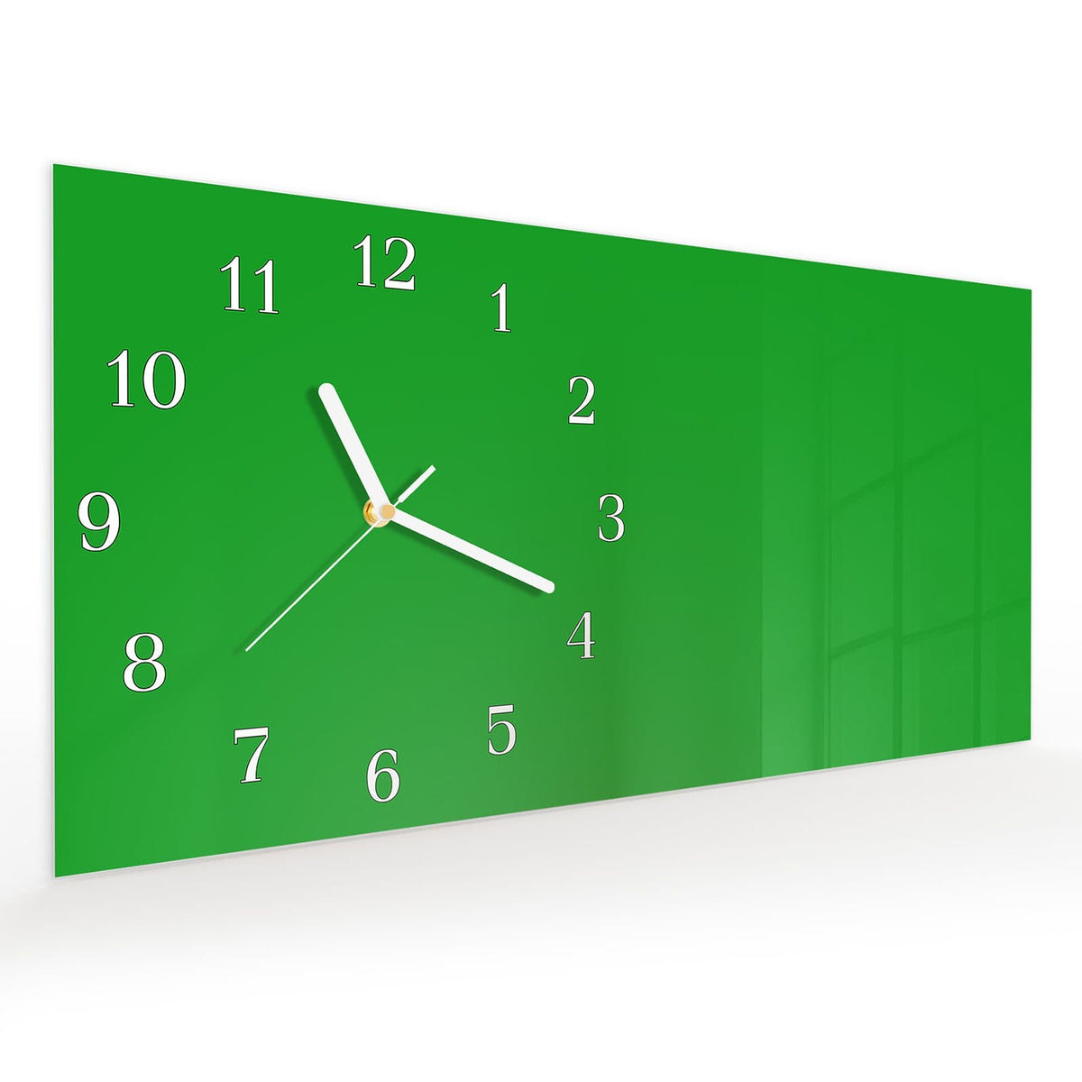 Vormontiert – mit Schwebeeffekt – Wanduhr Grasgrüner Hintergrund aus Glas – Querformat 60 × 30 cm