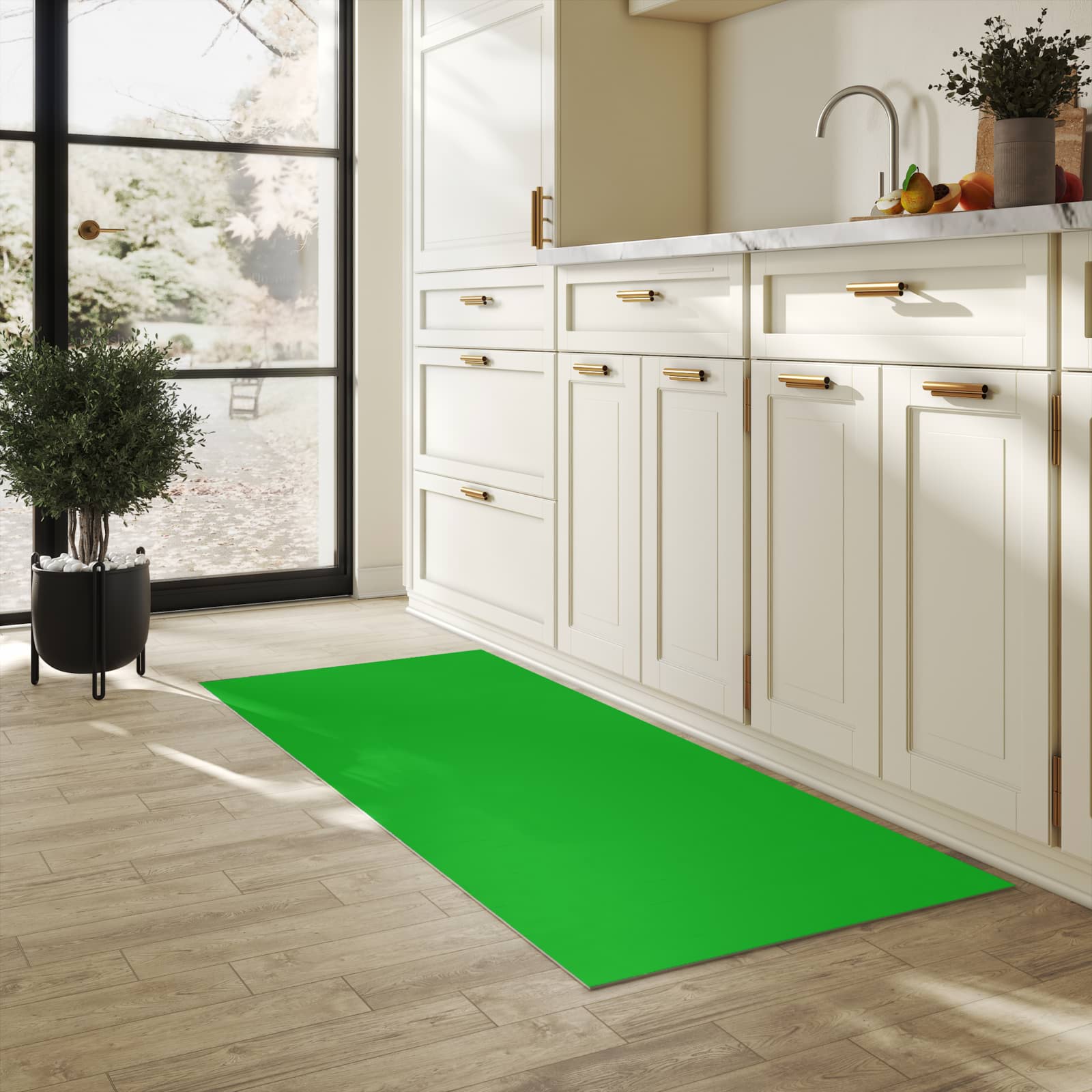 Rutschfester Küchenläufer mit grasgrünem Hintergrund in der Küche, zeitsparend