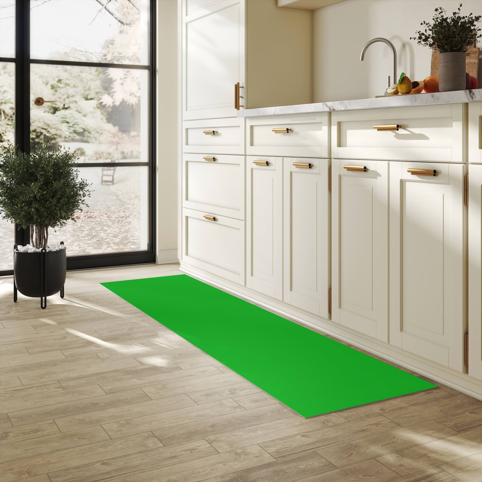 Geräuschdämpfender Küchenläufer mit grasgrünem Hintergrund-Motiv in der Küche